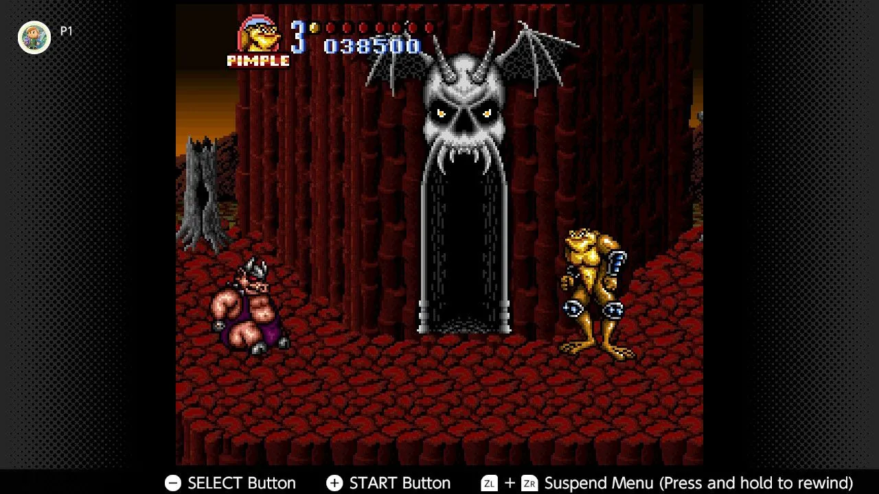 Ảnh chụp màn hình game Battletoads in Battlemaniacs trên Super Nintendo, được chơi thông qua ứng dụng Nintendo Switch Online.