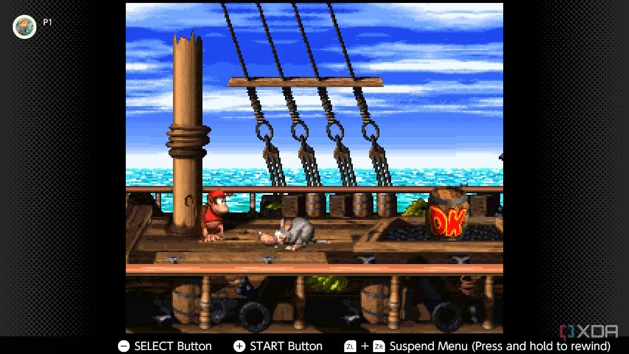 Ảnh chụp màn hình game Donkey Kong Country 2: Diddy's Kong Quest trên hệ máy Super Nintendo, hiển thị qua dịch vụ Nintendo Switch Online.