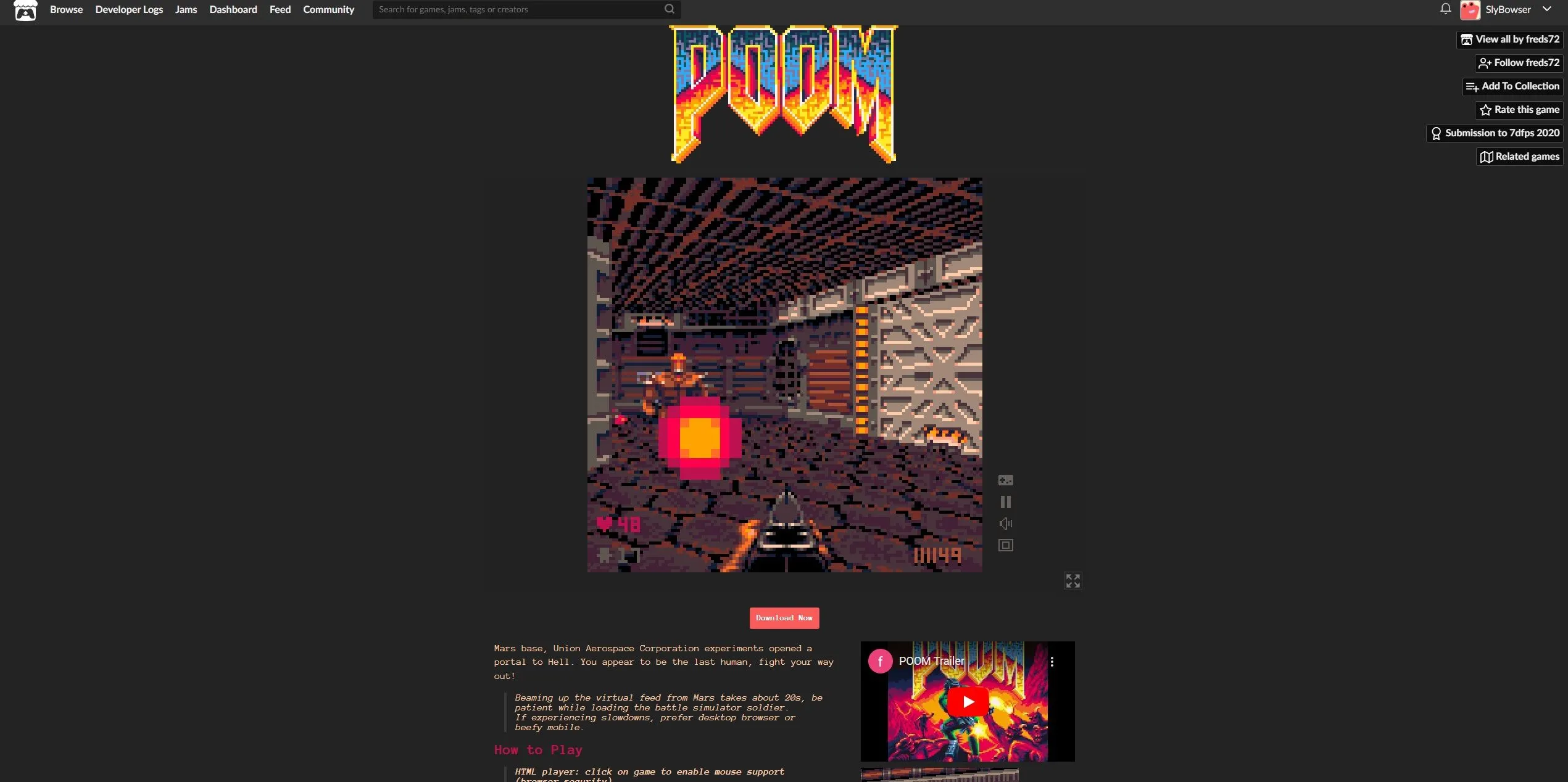 Ảnh chụp màn hình game POOM, phiên bản DOOM PICO-8 chơi trên trình duyệt