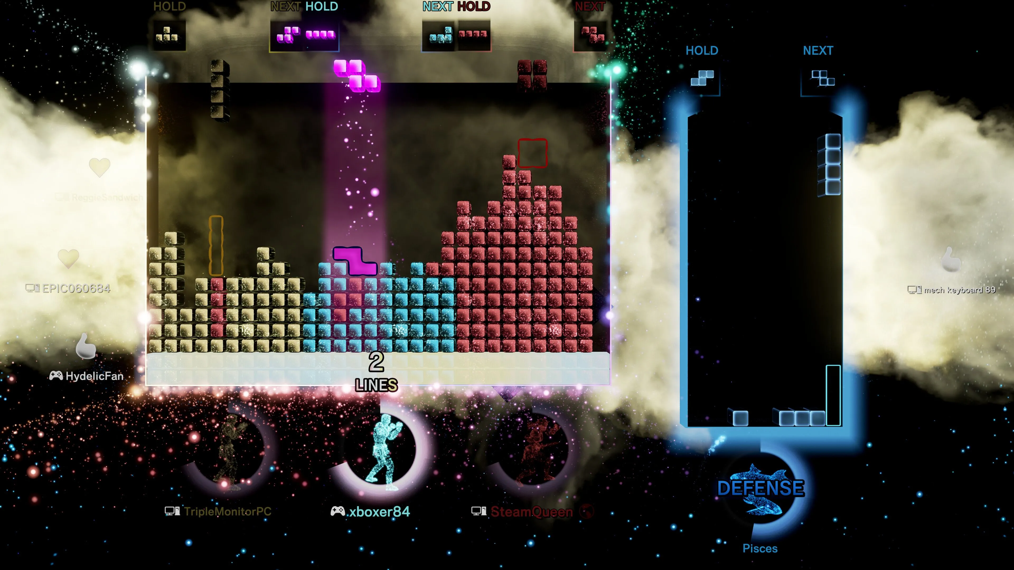 Ảnh chụp màn hình game Tetris Effect với một bàn chơi lớn và một bàn nhỏ hơn, minh họa gameplay xếp khối kinh điển đã định nghĩa game cầm tay.