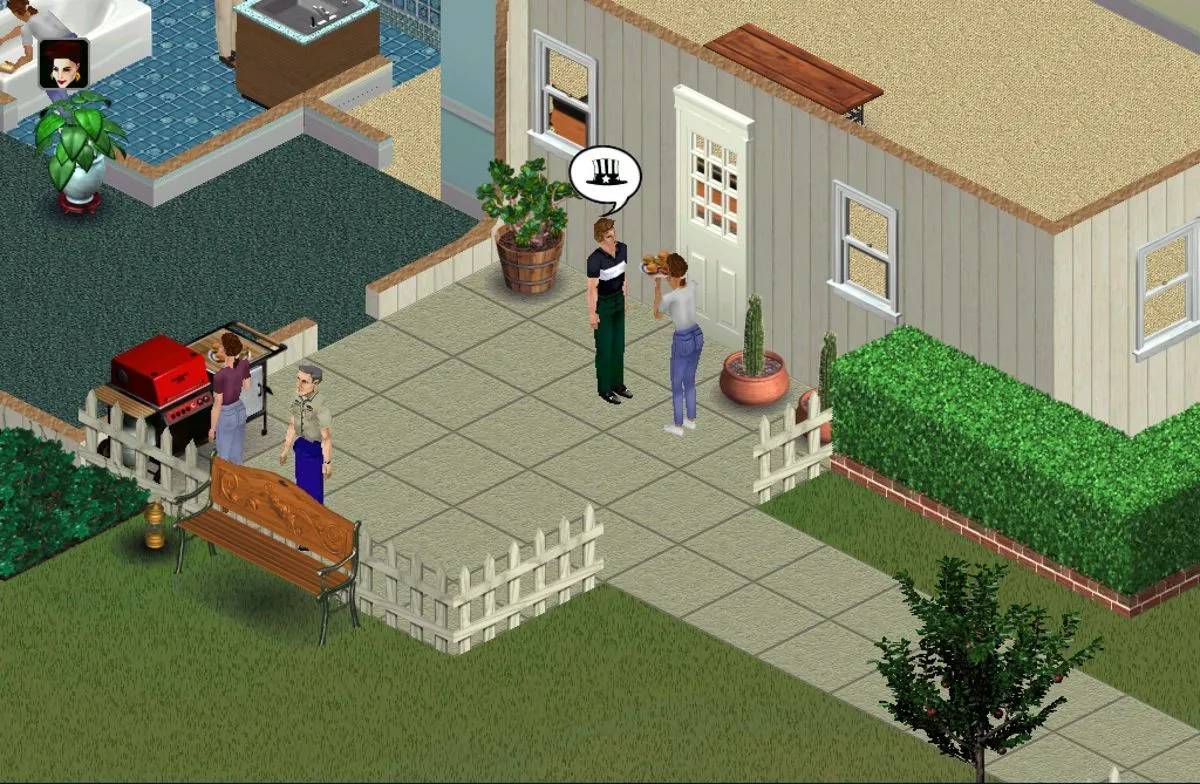 Ảnh chụp màn hình game The Sims, thể hiện không gian sống và hoạt động của Sim