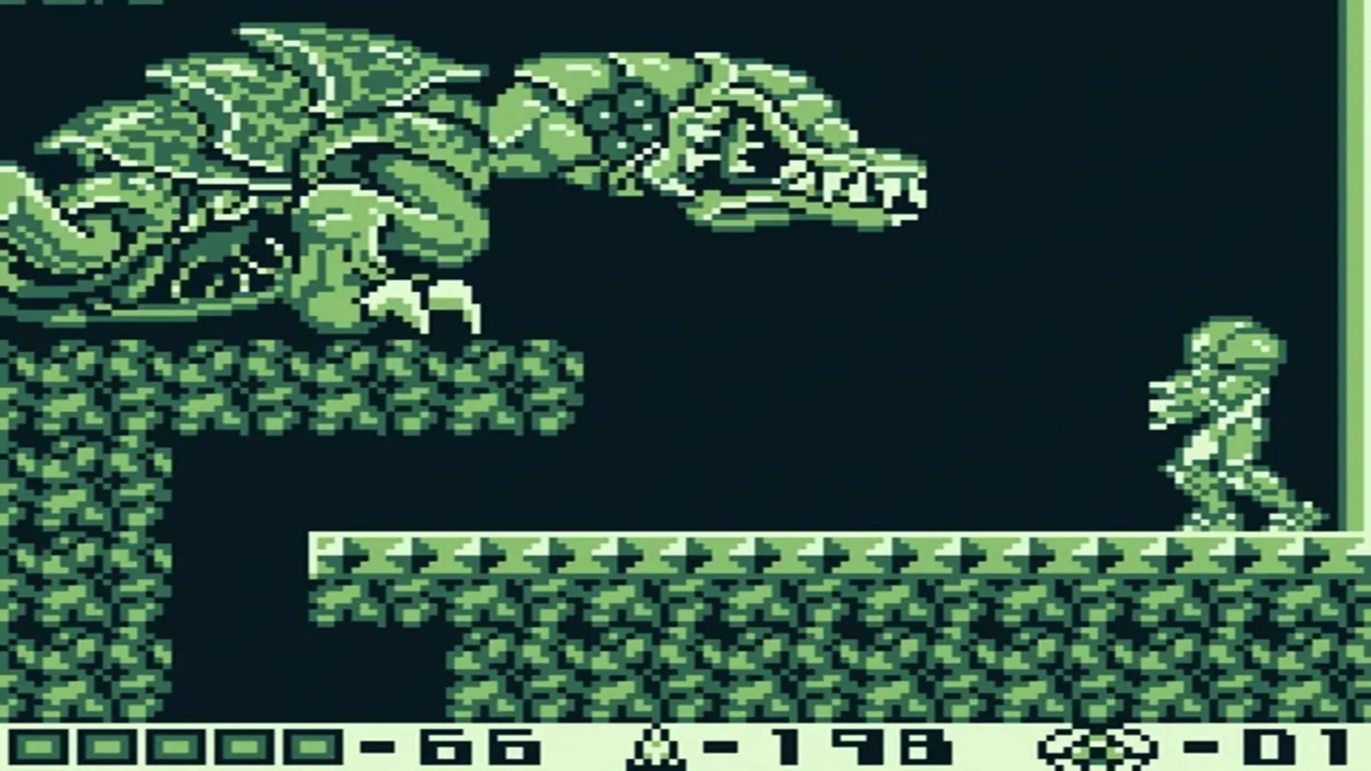 Ảnh chụp màn hình gameplay của Metroid II: Return of Samus trên Game Boy, với đồ họa đơn sắc đặc trưng.