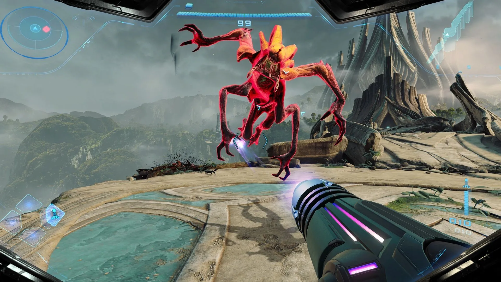 Ảnh chụp màn hình gameplay của Metroid Prime 4: Beyond, thể hiện Samus Aran trong môi trường đồ họa 4K đầy màu sắc trên Nintendo Switch 2
