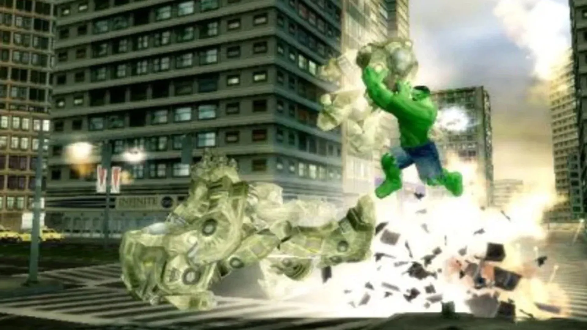 Ảnh chụp màn hình gameplay của The Incredible Hulk: Ultimate Destruction, thể hiện Hulk phá hủy môi trường trong game thế giới mở
