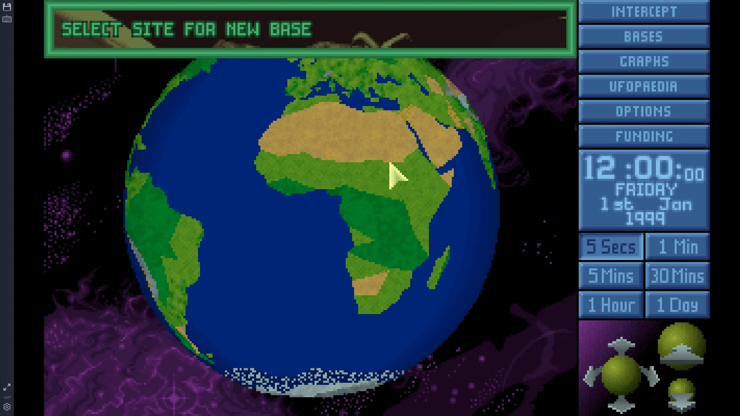 Ảnh chụp màn hình gameplay của X-COM: UFO Defense trên DOS, thể hiện cảnh chiến đấu chiến thuật theo lượt chống lại người ngoài hành tinh.