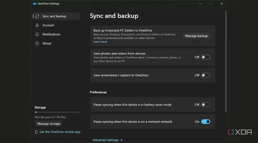 Ảnh chụp màn hình giao diện cài đặt OneDrive, minh họa cách quản lý lưu trữ đám mây