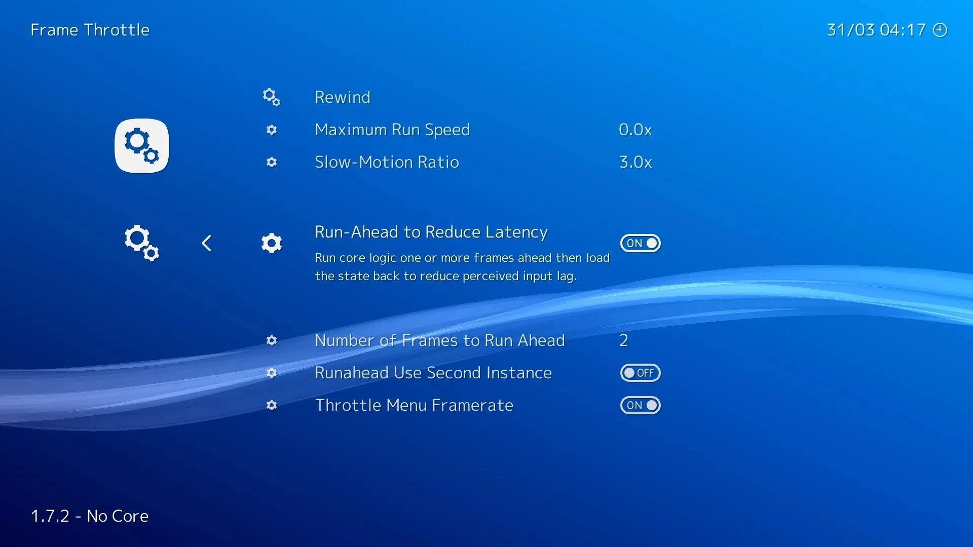 Ảnh chụp màn hình menu cài đặt Run Ahead trong RetroArch, hiển thị tùy chọn điều chỉnh độ trễ khung hình để tối ưu trải nghiệm chơi game cổ điển.
