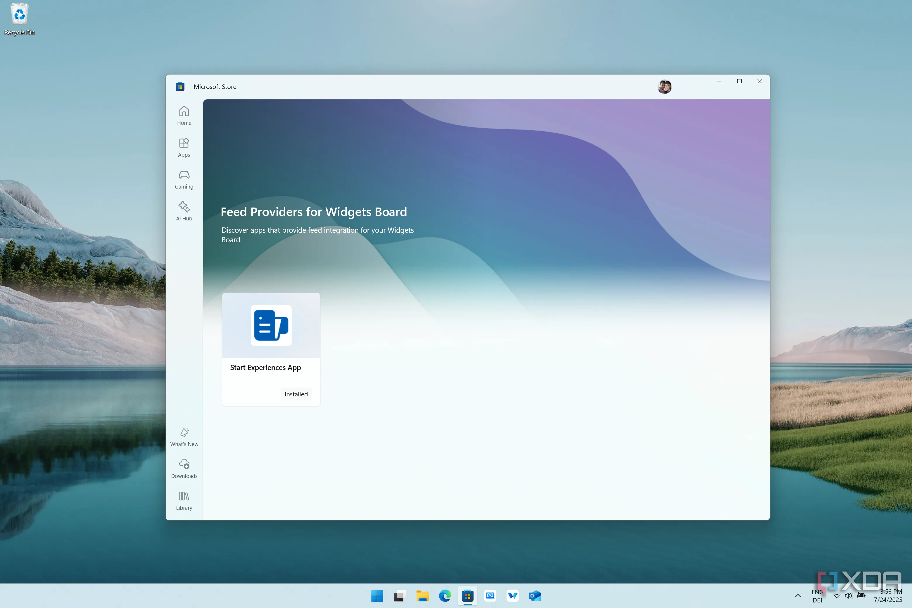 Ảnh chụp màn hình Microsoft Store trên Windows 11 hiển thị các ứng dụng có thể cung cấp tùy chọn nguồn cấp dữ liệu cho bảng Widgets. Chỉ có nhà cung cấp tích hợp sẵn là khả dụng