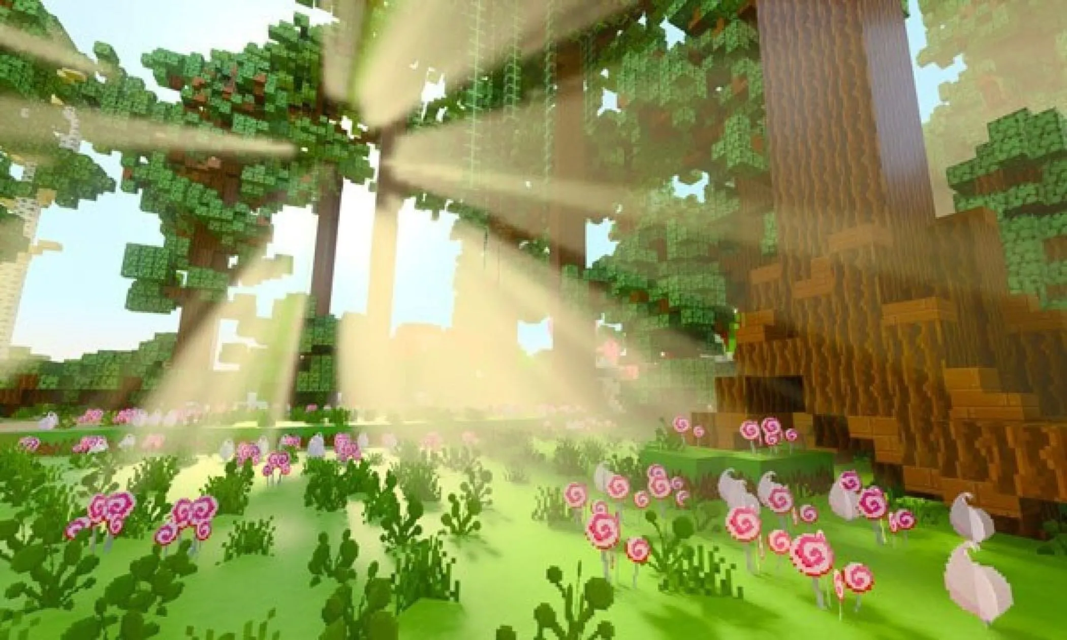 Ảnh chụp màn hình Minecraft RTX thể hiện thế giới khối vuông với ánh sáng ray tracing chân thực