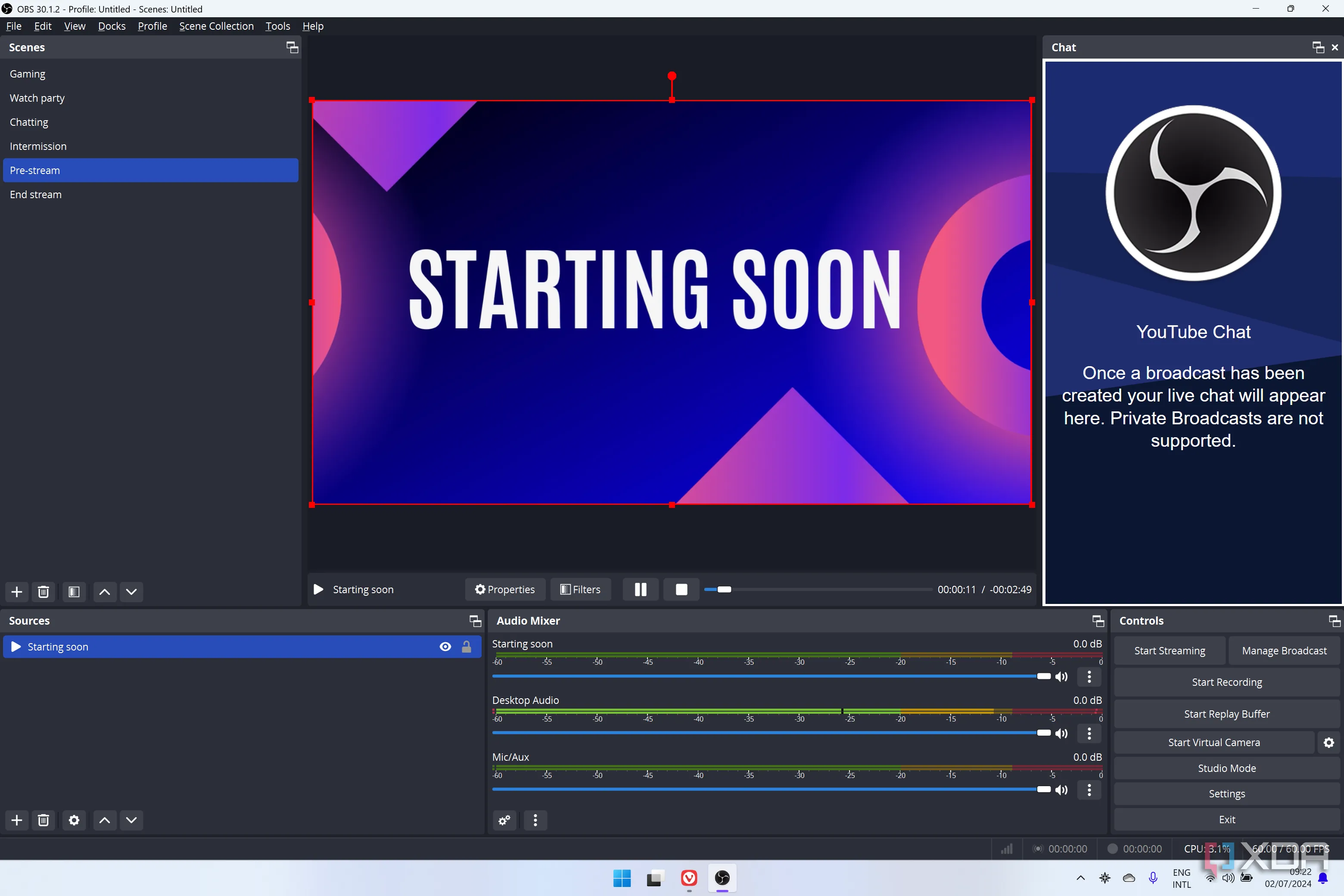 Ảnh chụp màn hình OBS Studio hiển thị một cảnh với video đang phát và một dòng chữ &quot;THIS IS FINE&quot;