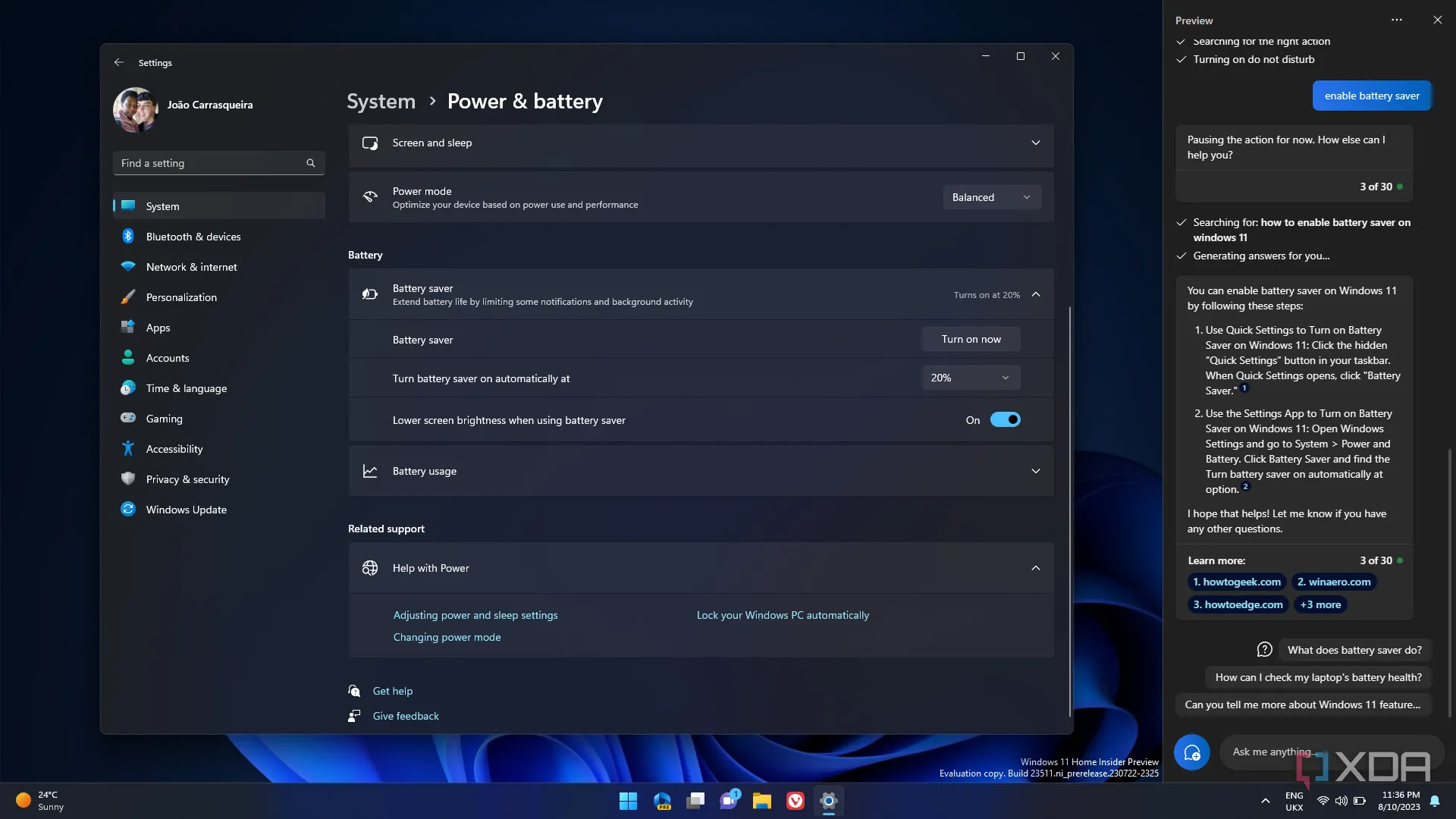 Ảnh chụp màn hình phần cài đặt Nguồn & Pin trong ứng dụng Cài đặt của Windows 11, minh họa vị trí để chọn chế độ Hiệu suất Tối ưu.