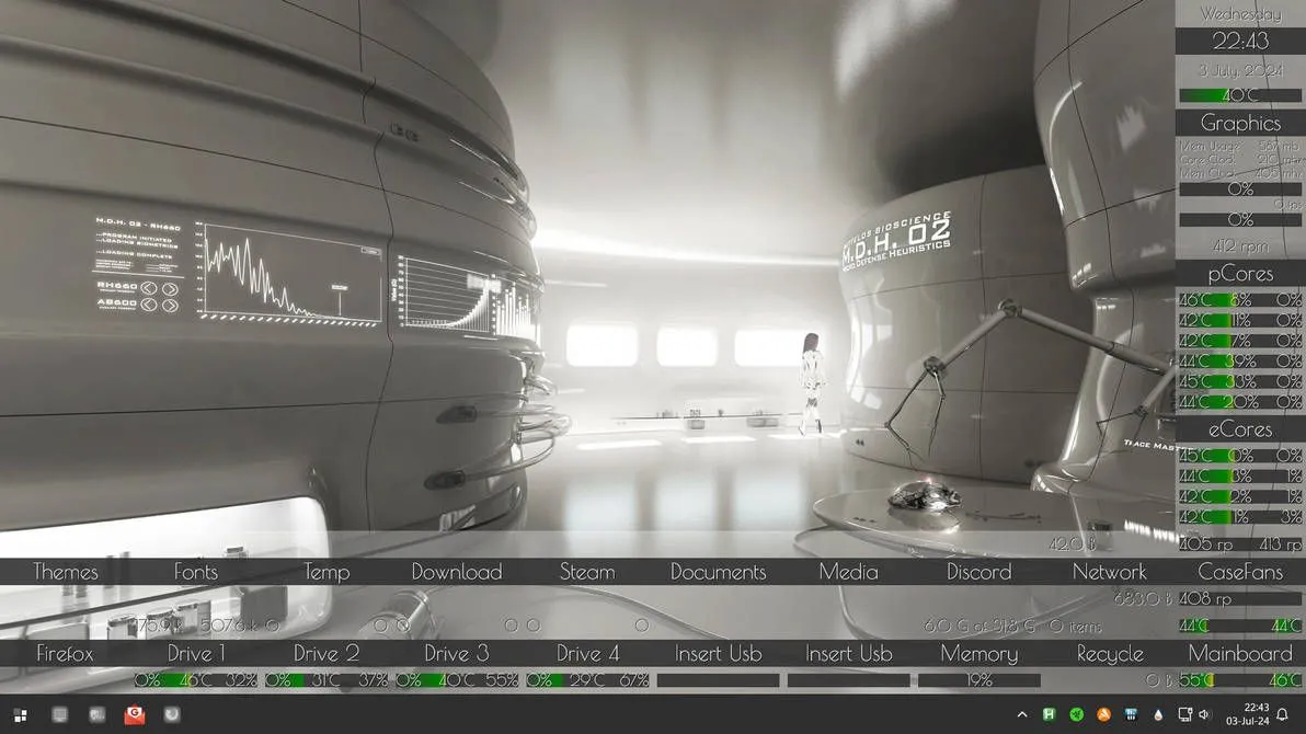 Ảnh chụp màn hình Rainmeter skin Metro Opacity với đầy đủ các widget trong suốt, hòa quyện với hình nền, tạo giao diện desktop ấn tượng.