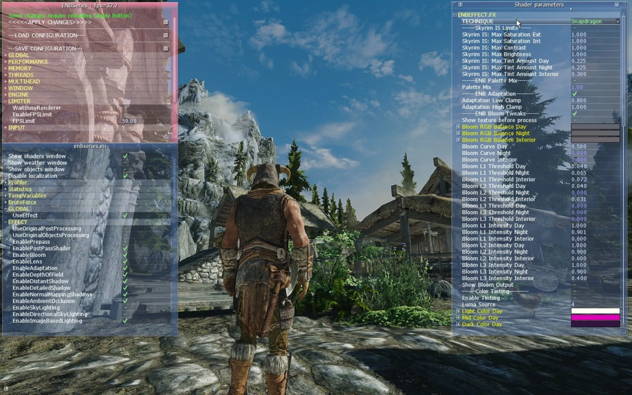 Ảnh chụp màn hình Skyrim với menu tùy chỉnh ENBSeries đang mở, hiển thị các thiết lập đồ họa