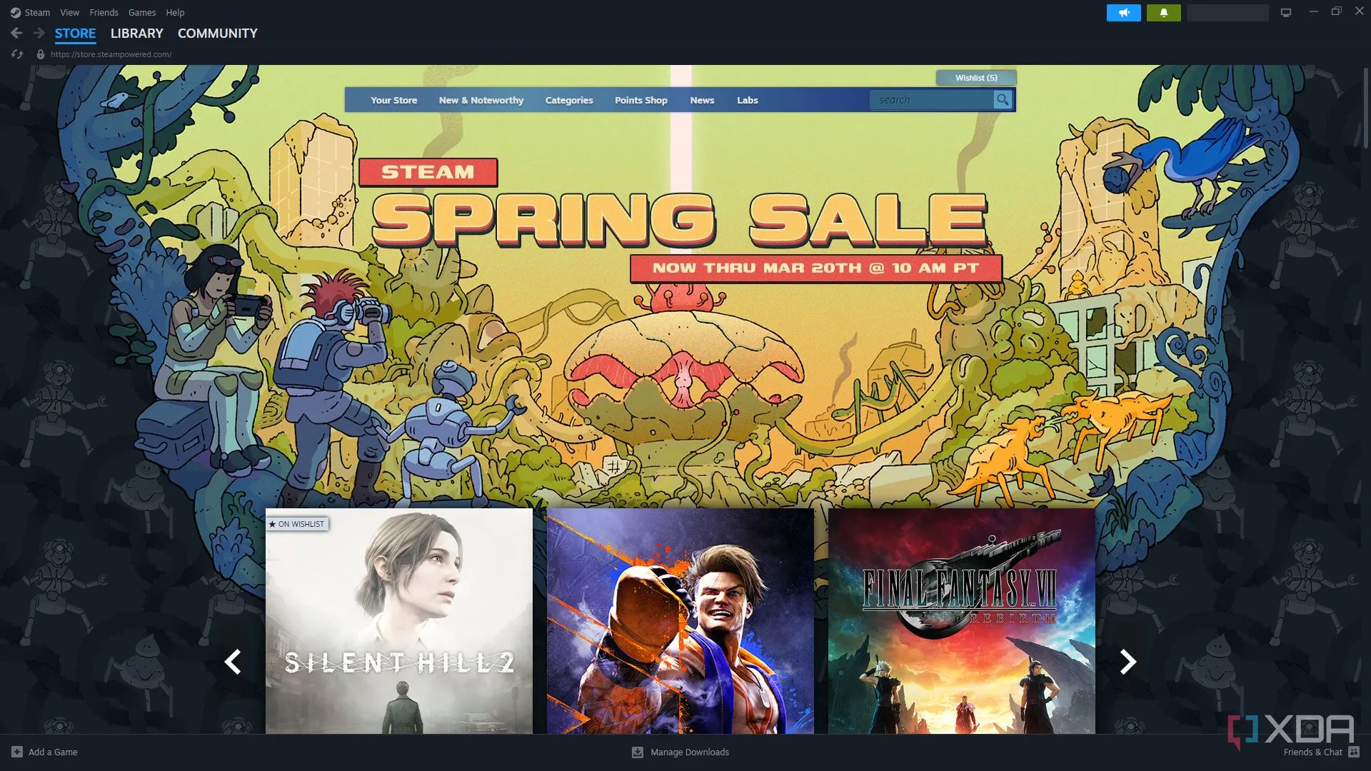 Ảnh chụp màn hình trang chủ Steam Store hiển thị chương trình khuyến mãi mùa xuân, thể hiện sự đa dạng game và ưu đãi hấp dẫn.