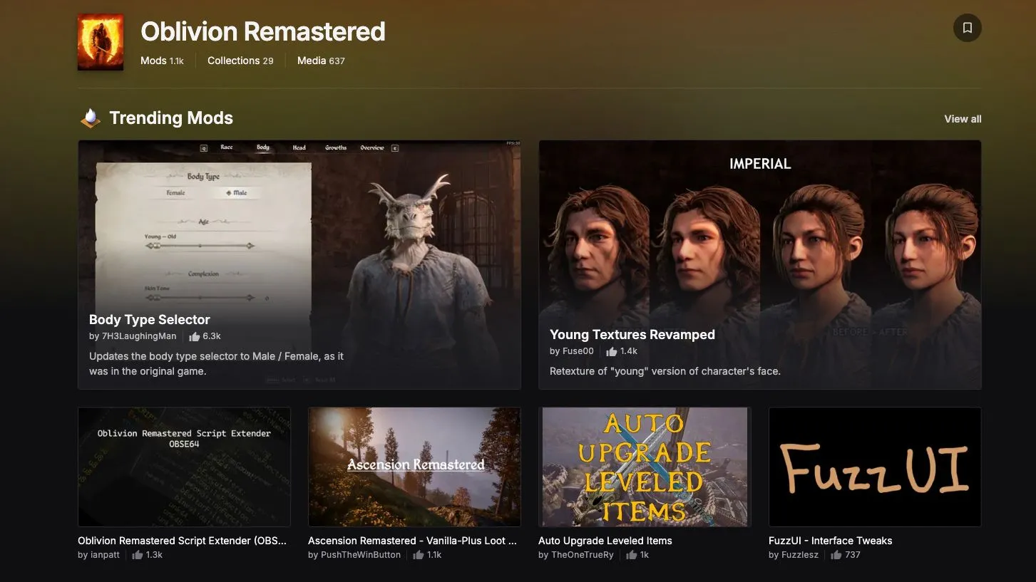 Ảnh chụp màn hình trang Nexus Mods hiển thị các mod thịnh hành cho Oblivion Remastered, bao gồm mod Ultimate Engine Tweaks