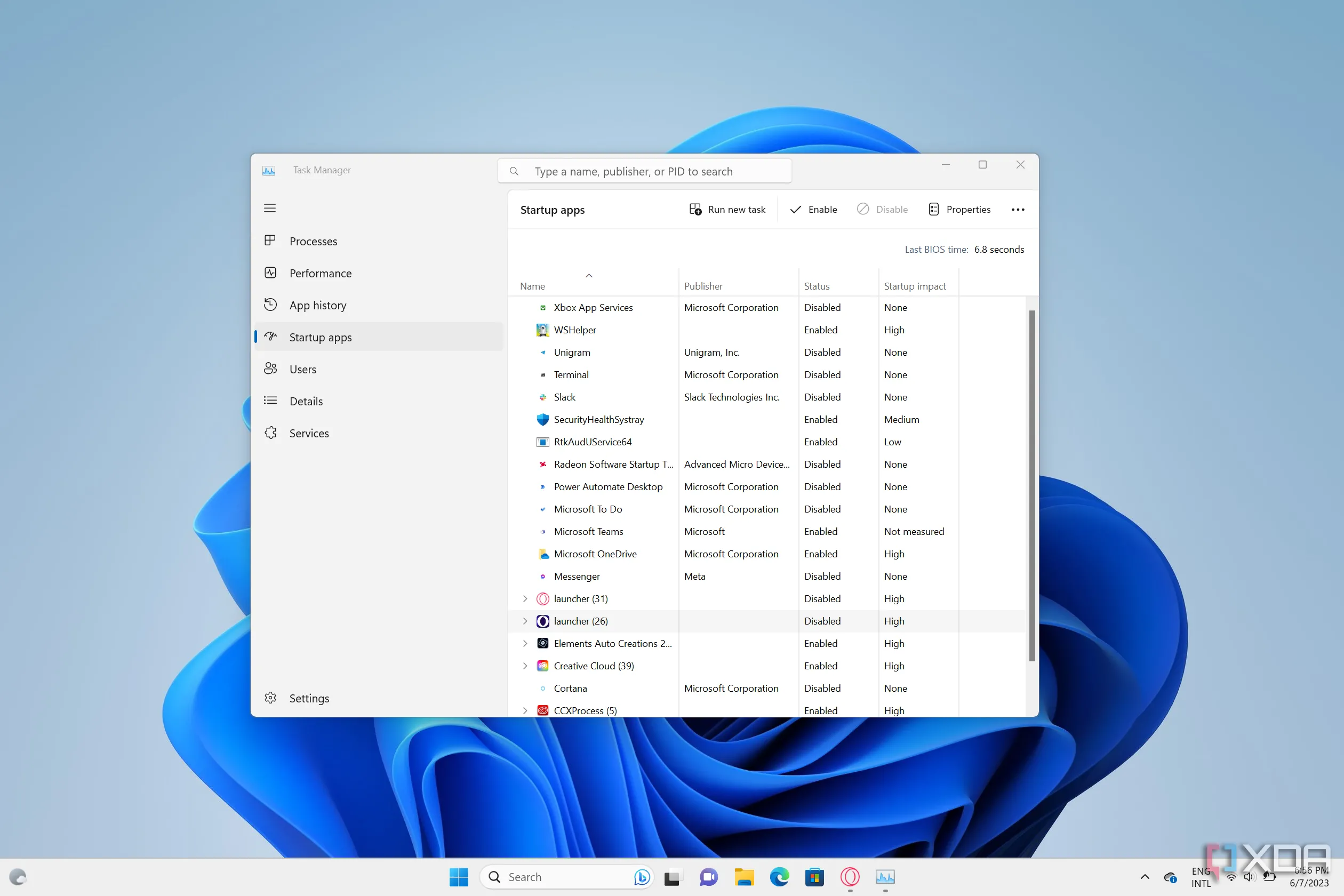 Ảnh chụp màn hình Trình quản lý tác vụ Windows 11 hiển thị các ứng dụng khởi động trên màn hình
