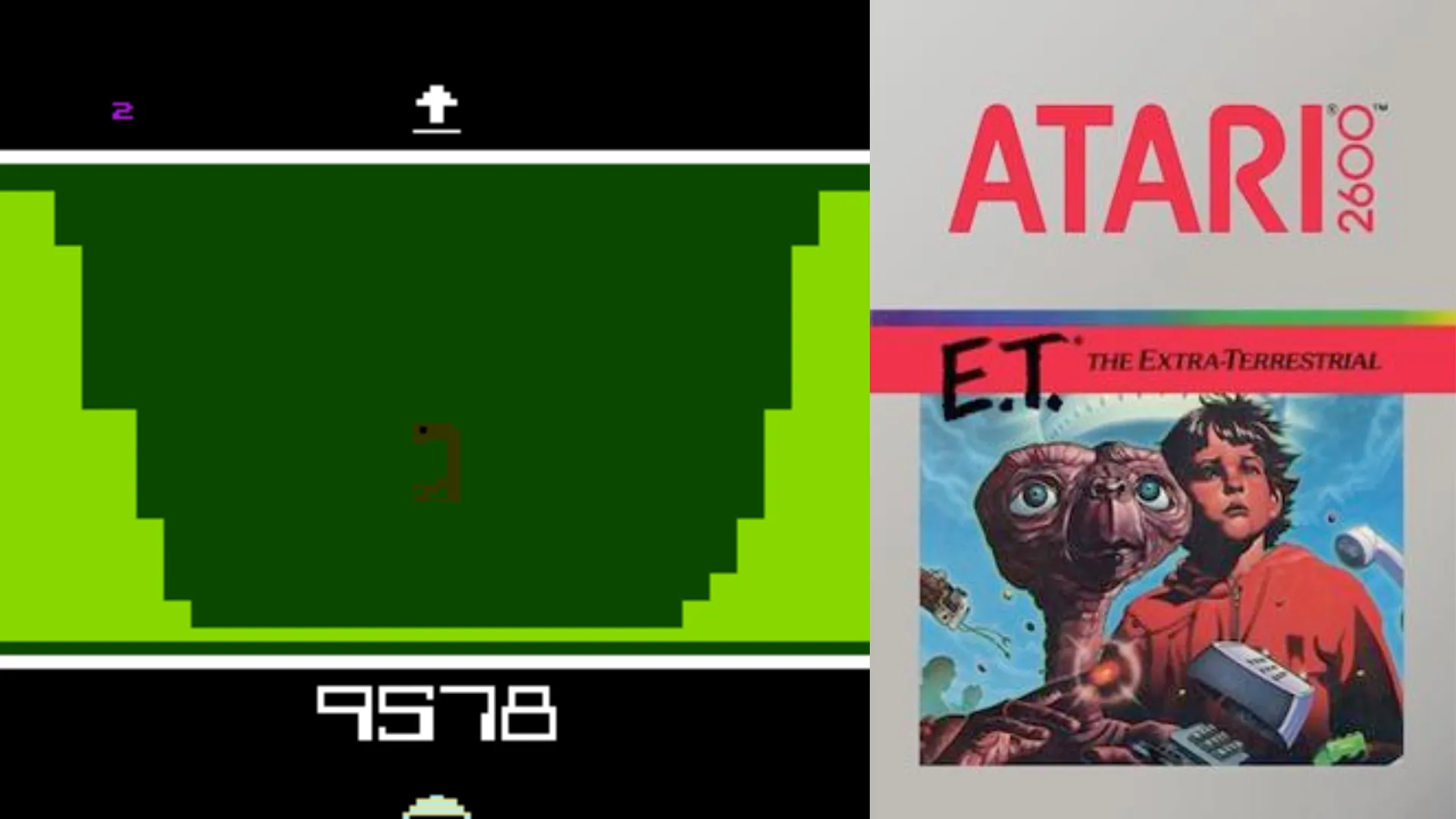 Ảnh chụp màn hình và bìa game E.T. The Extra-Terrestrial trên Atari 2600