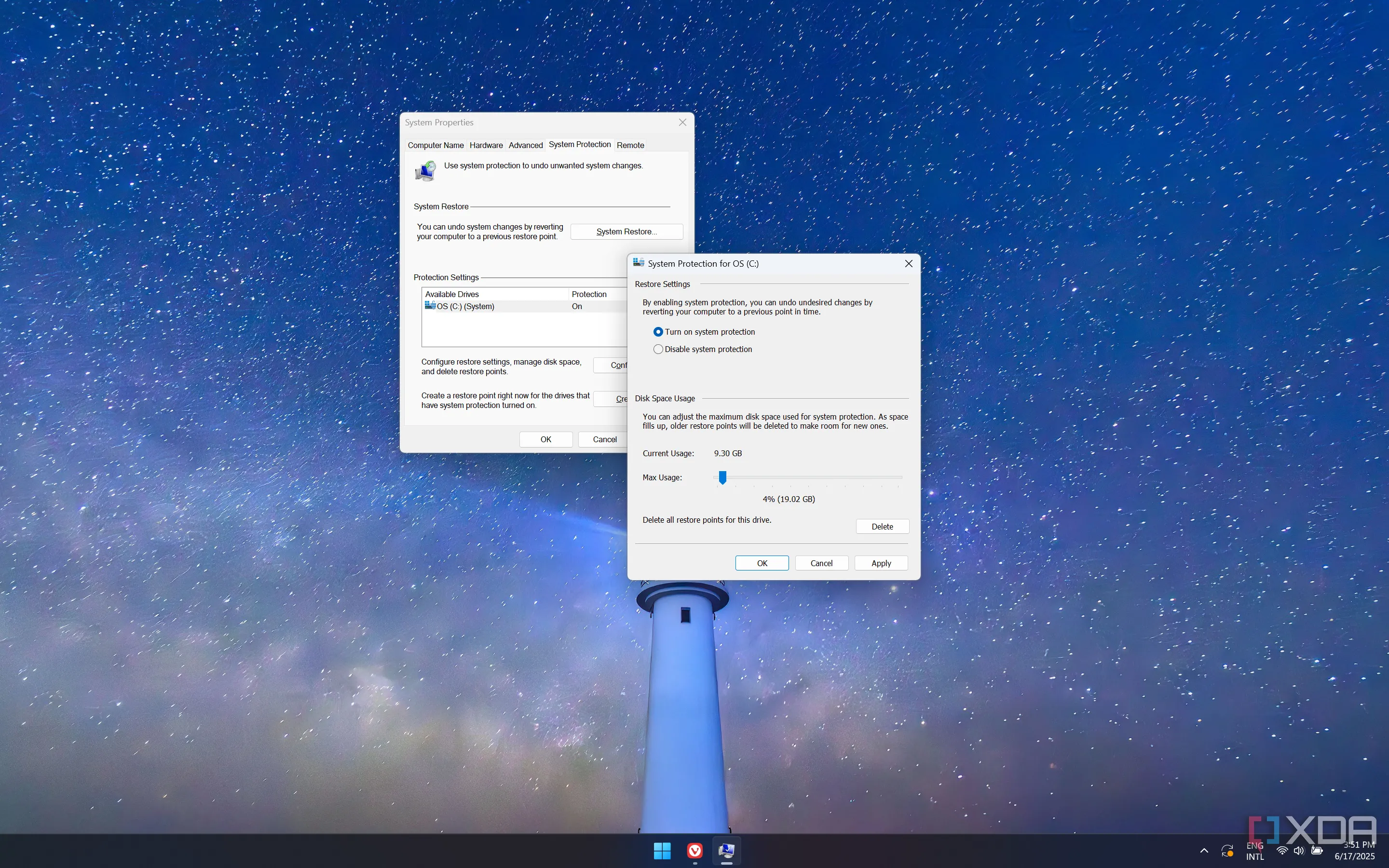 Ảnh chụp màn hình Windows 11 hiển thị cài đặt Điểm khôi phục hệ thống