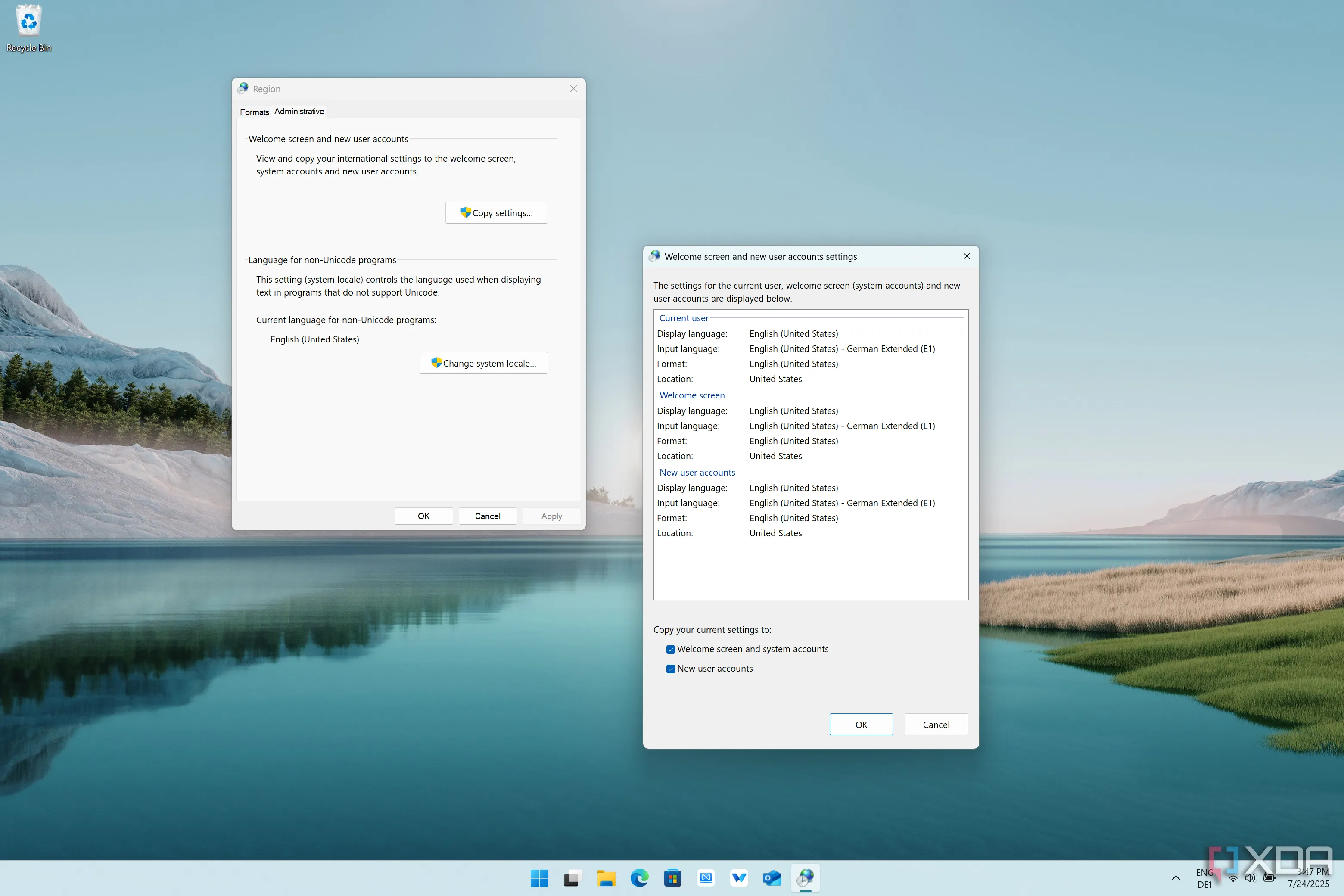 Ảnh chụp màn hình Windows 11 hiển thị hộp thoại sao chép cài đặt khu vực từ người dùng hiện tại sang người dùng mới