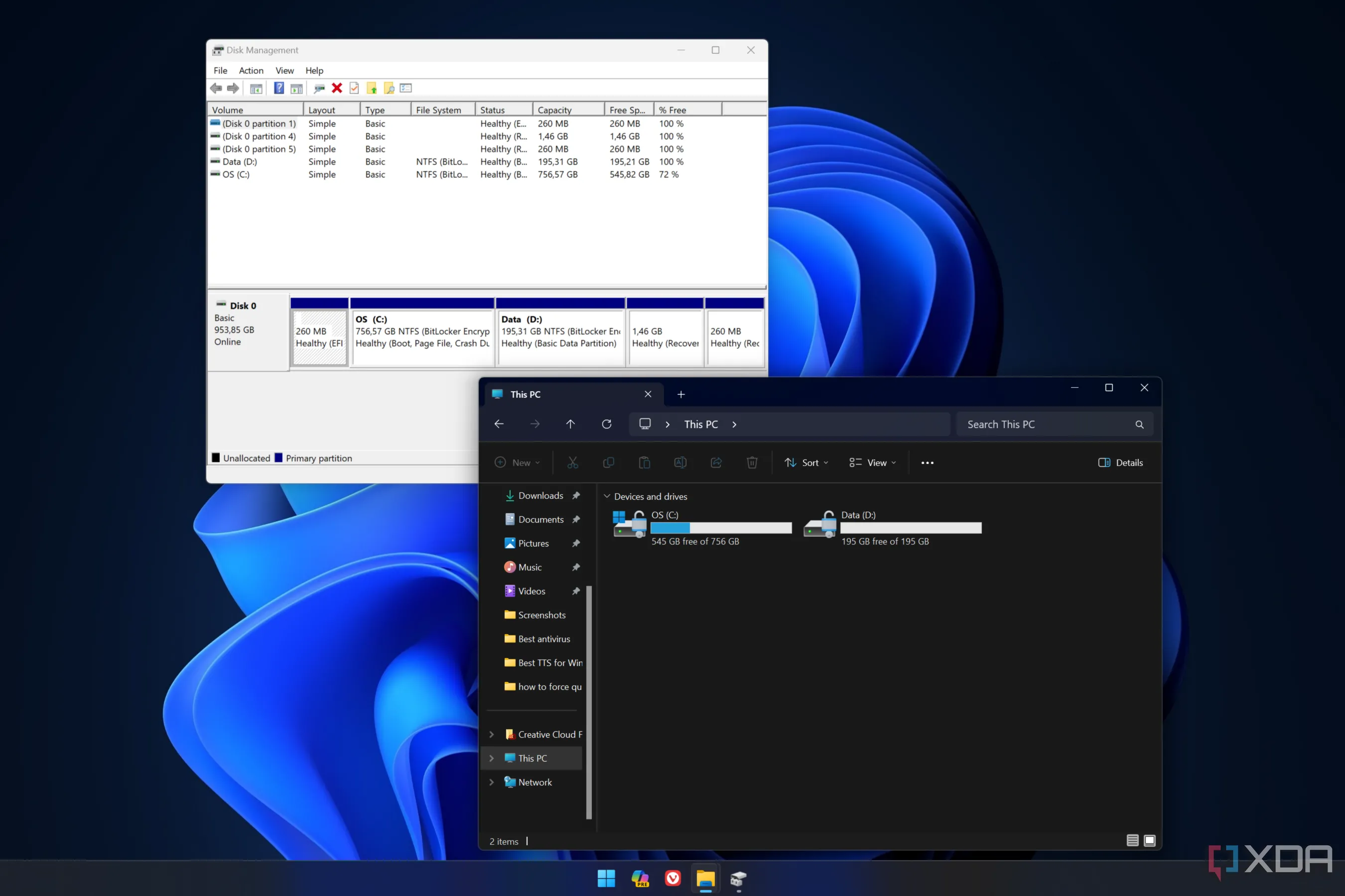 Ảnh chụp màn hình Windows 11 với công cụ Disk Management và File Explorer đang mở, minh họa quản lý ổ đĩa và hệ thống tập tin.