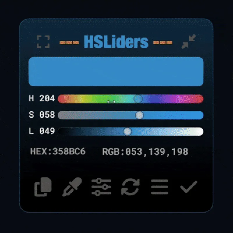 Ảnh động minh họa cách sử dụng Rainmeter skin HSLiders để điều chỉnh màu sắc desktop, lấy mã hex và phối màu một cách linh hoạt.