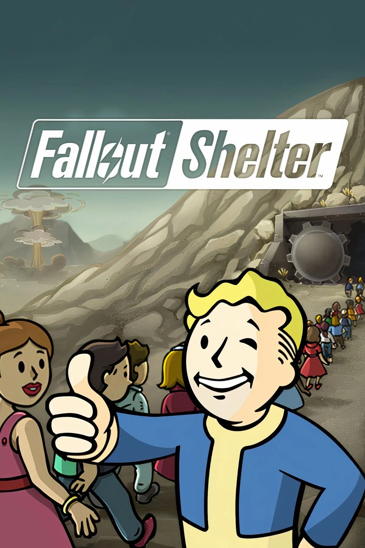 Ảnh ghép các cảnh trong game Fallout Shelter, thể hiện việc xây dựng và quản lý hầm trú ẩn dưới lòng đất
