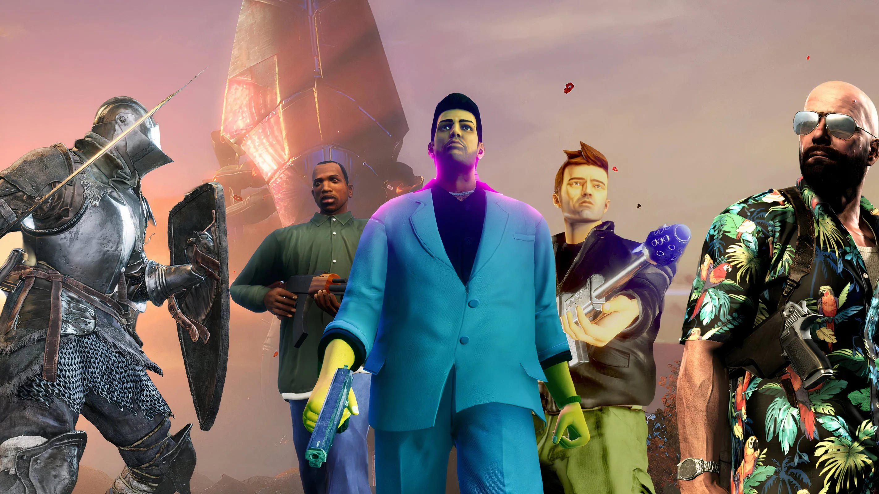 Ảnh ghép các nhân vật nổi bật từ Dark Souls, Grand Theft Auto và Max Payne, những biểu tượng của các series game vĩ đại.