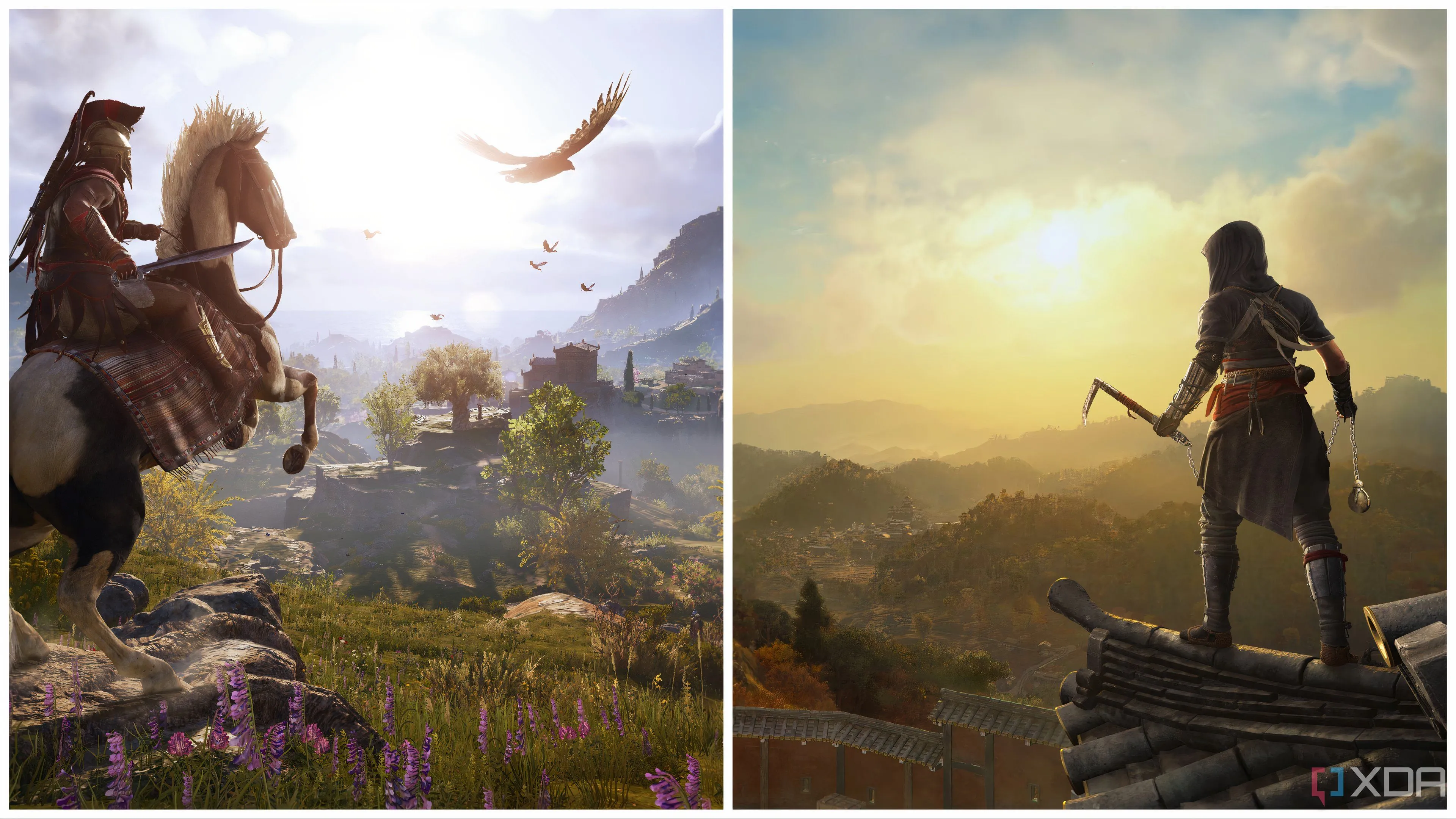 Ảnh ghép so sánh môi trường trong Assassin's Creed Odyssey và Assassin's Creed Shadows, thể hiện sự kế thừa
