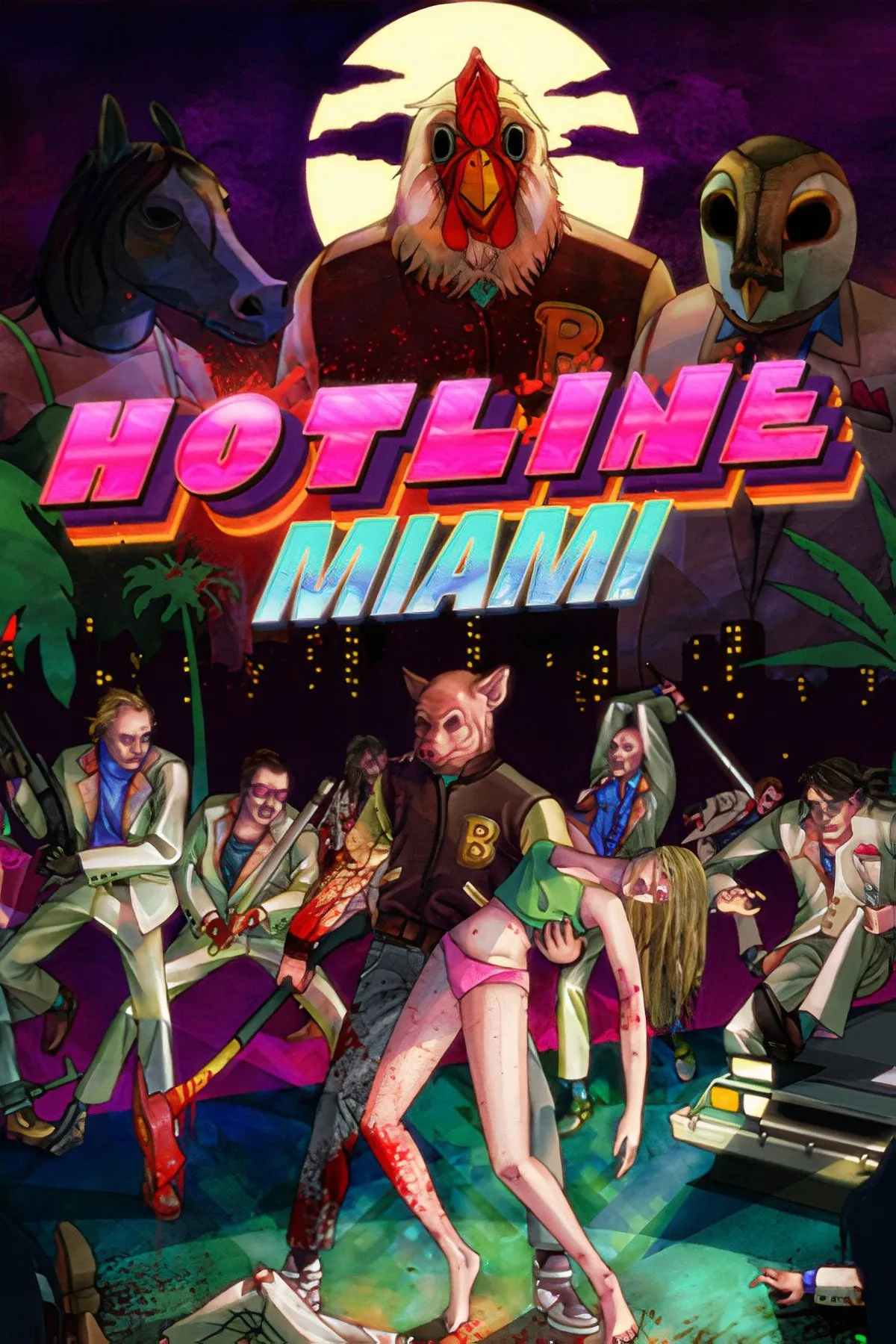 Ảnh minh họa lối chơi Hotline Miami, với nhân vật chính thực hiện các pha hành động tàn bạo trong môi trường neon rực rỡ và góc nhìn từ trên xuống.