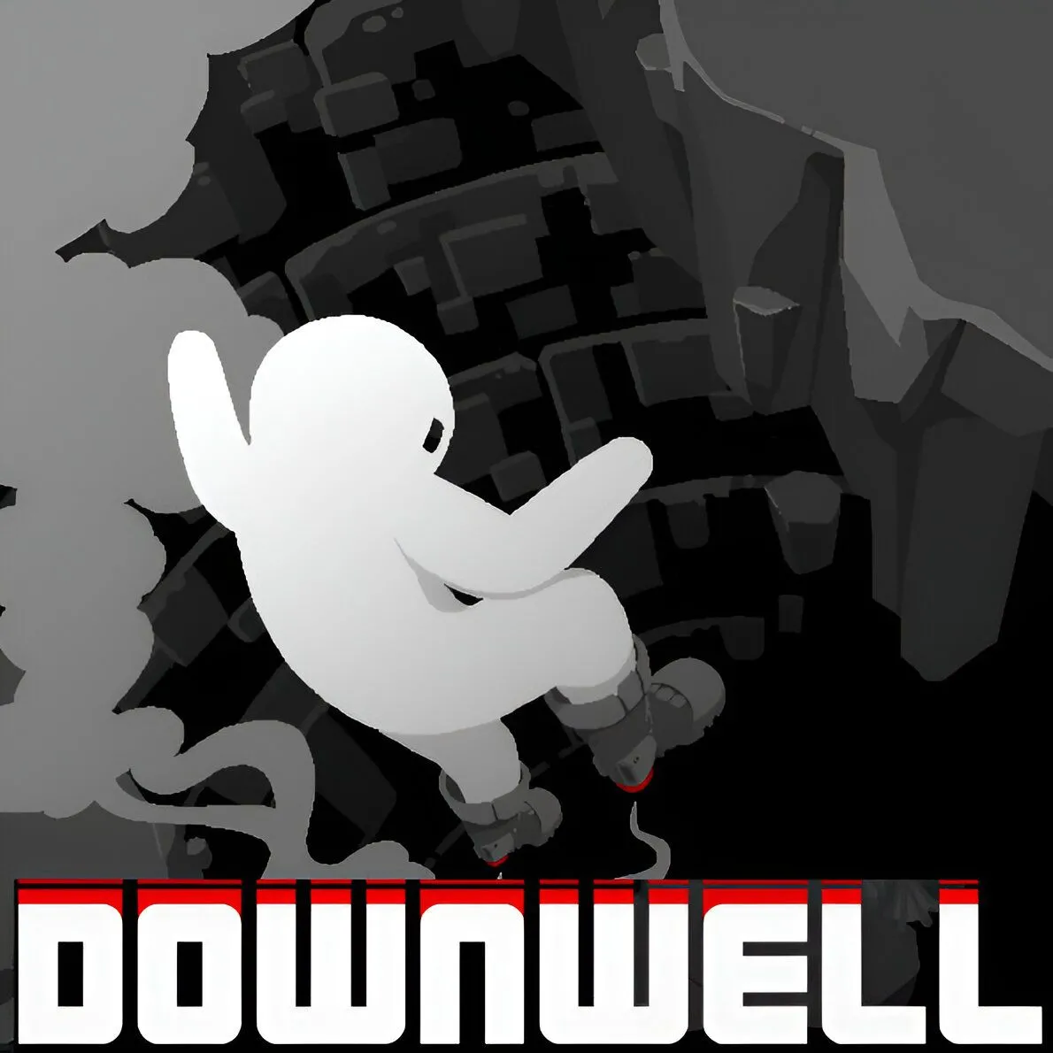 Ảnh sản phẩm của game roguelike Downwell, với nhân vật chính rơi xuống giếng và nhặt vật phẩm.