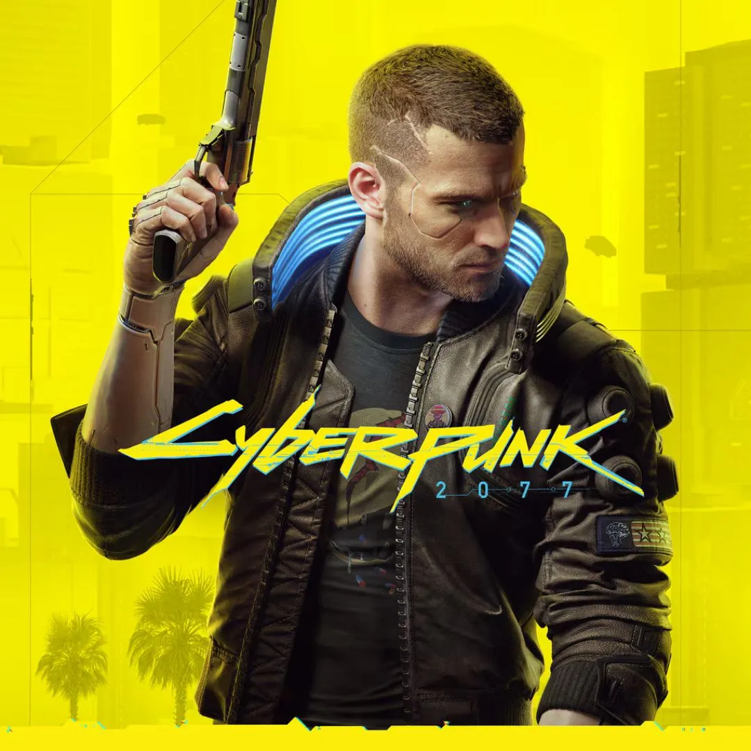 Ảnh sản phẩm game Cyberpunk 2077, với nhân vật chính V trong trang phục phong cách cyberpunk cầm súng lục, bối cảnh là thành phố Night City rực rỡ.