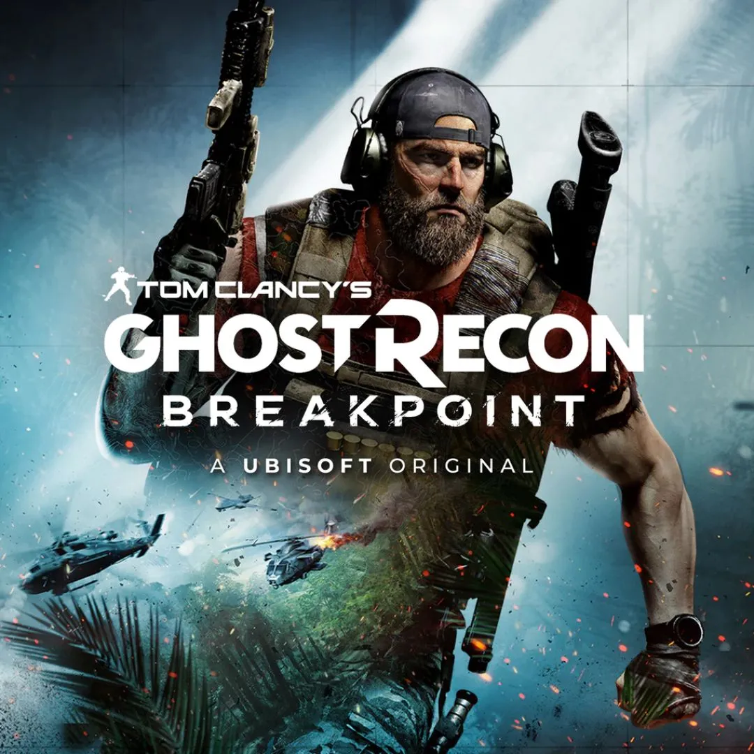 Ảnh sản phẩm game Tom Clancy's Ghost Recon Breakpoint, thể hiện nhân vật chính trong trang phục chiến đấu với bối cảnh hoang tàn của hòn đảo Auroa.