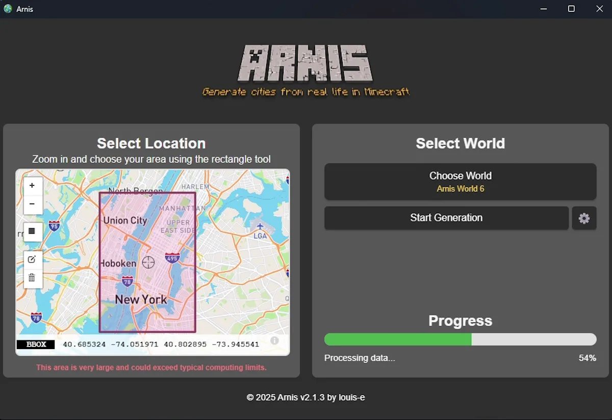Arnis báo lỗi khi cố gắng nhập toàn bộ bản đồ New York City vào Minecraft do dữ liệu quá lớn