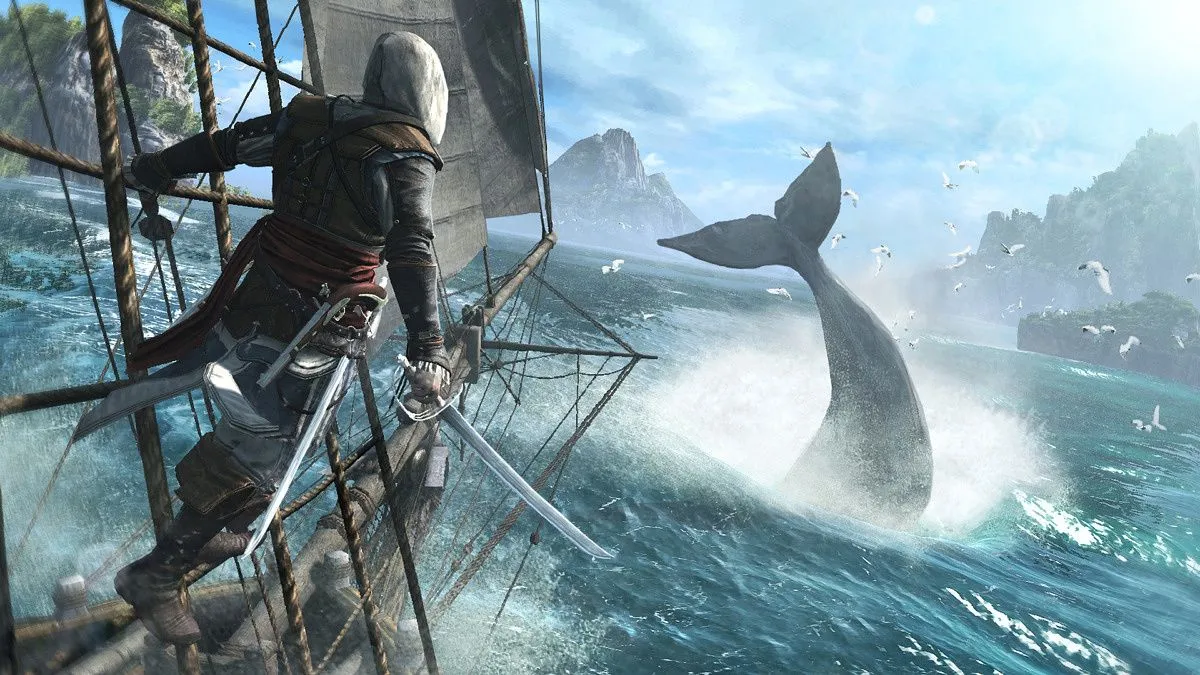 Assassin's Creed IV Black Flag với hình ảnh tàu cướp biển trên biển