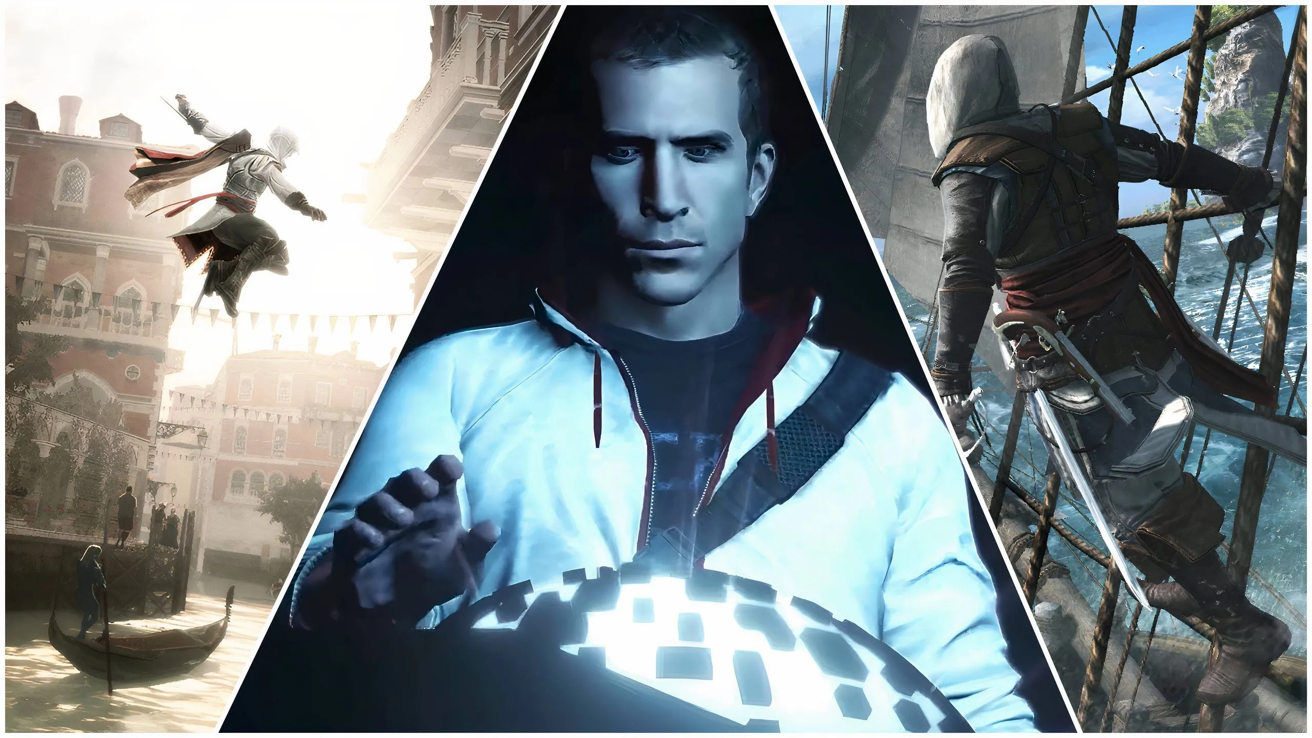 Ba nhân vật biểu tượng Ezio Auditore, Desmond Miles và Edward Kenway trong series Assassin's Creed