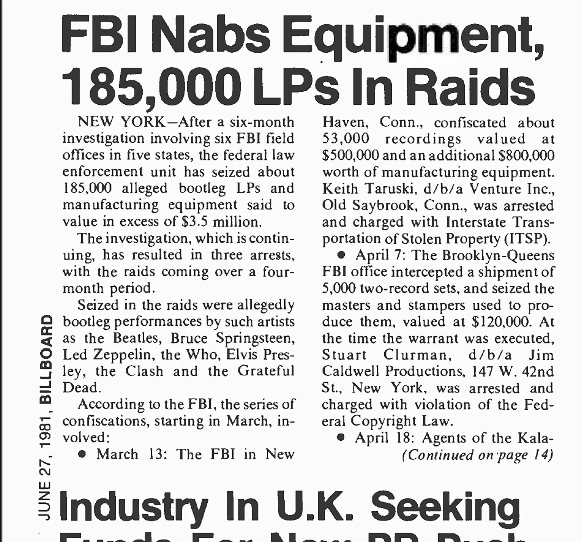 Bài báo trên Tạp chí Billboard năm 1981 đề cập đến cuộc đột kích của FBI vào Keith Taruski