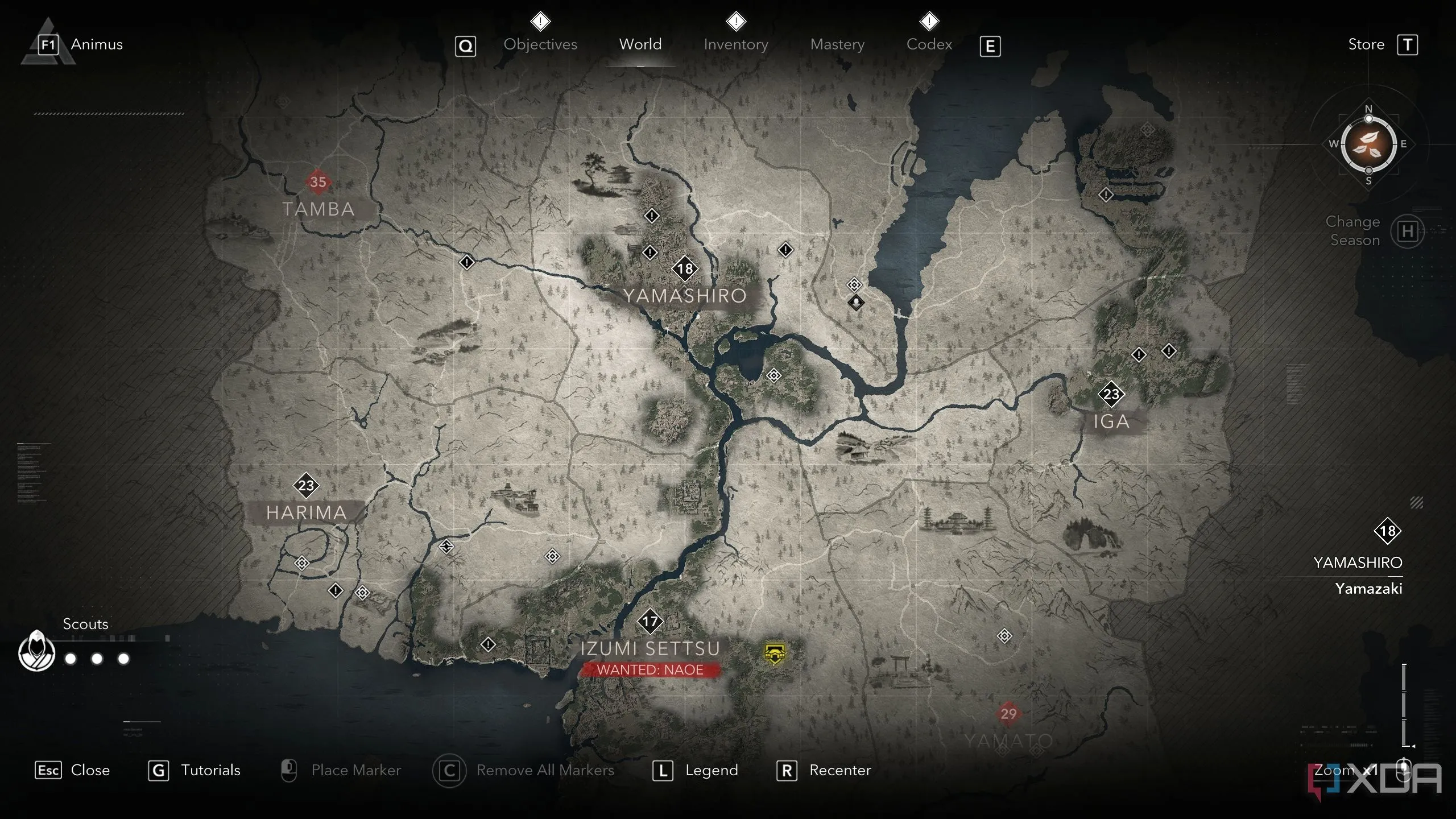 Bản đồ thế giới rộng lớn của Assassin's Creed Shadows, với các điểm trinh sát và khu vực đã khám phá.