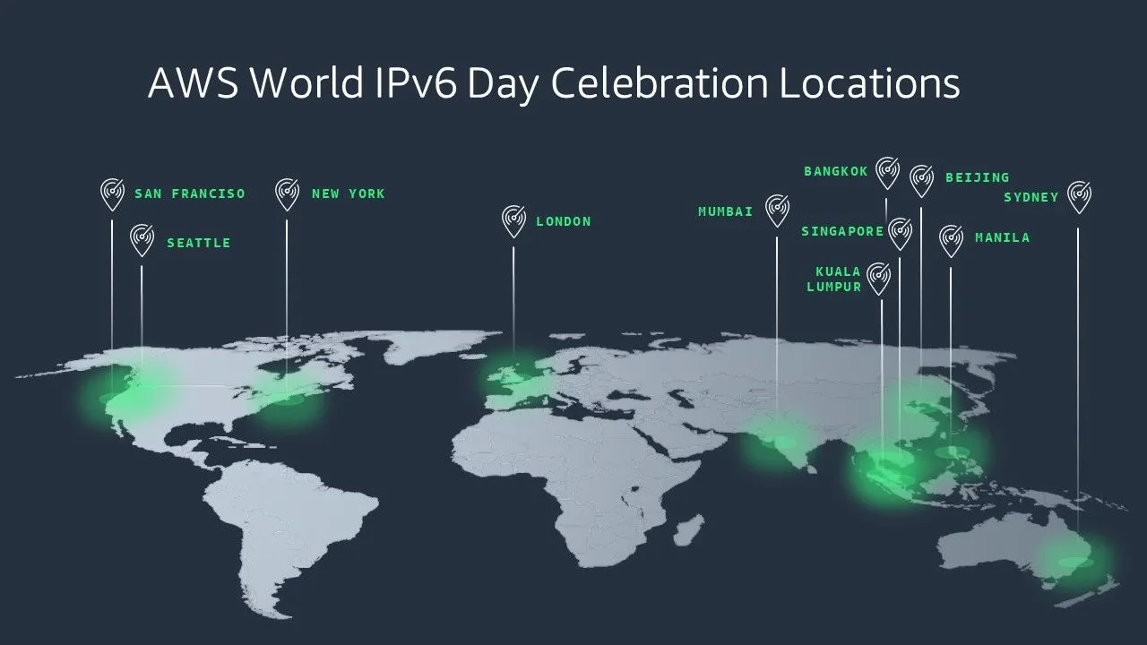 Bản đồ thống kê tỉ lệ triển khai IPv6 toàn cầu của Amazon Web Services, thể hiện mức độ phủ sóng của giao thức mới