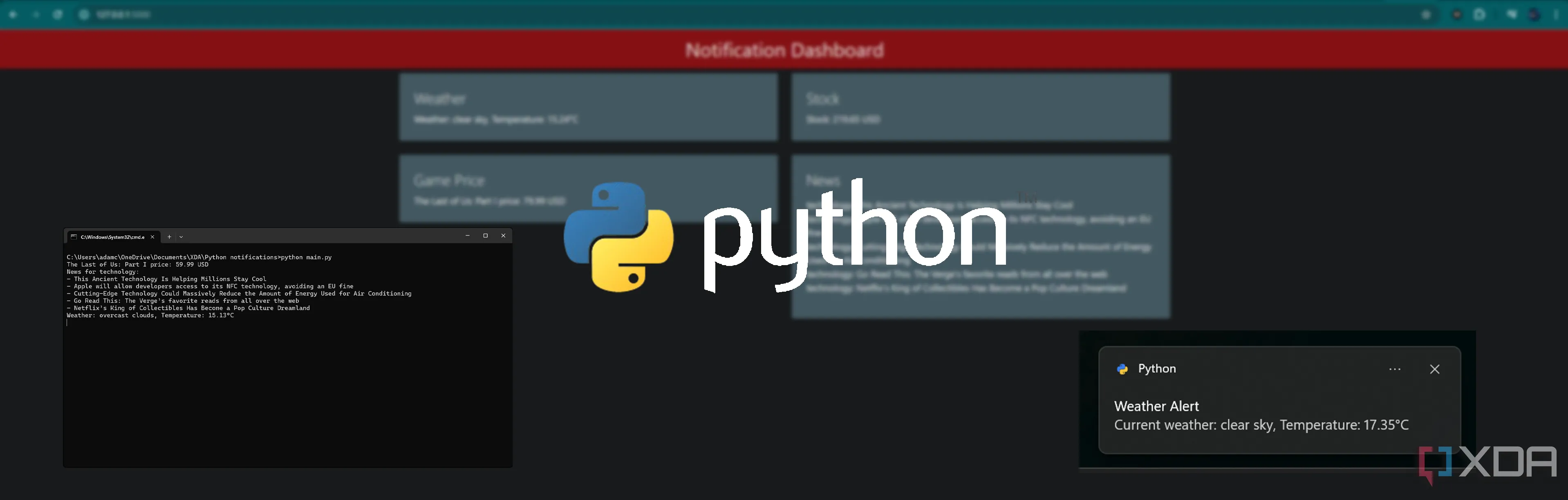 Bảng điều khiển thông báo Python với thông báo Windows, terminal và logo Python để theo dõi hàng tồn kho