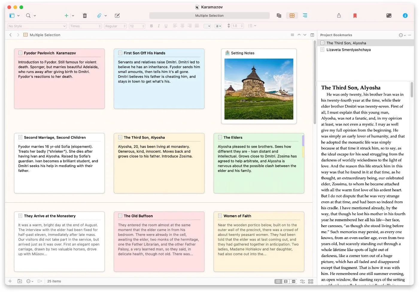 Bảng ghi chú (Corkboard) trong Scrivener để sắp xếp các cảnh hoặc chương