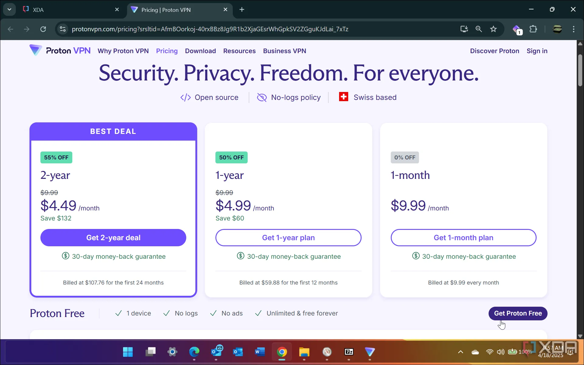 Bảng giá các gói dịch vụ của Proton VPN, bao gồm tùy chọn miễn phí và trả phí