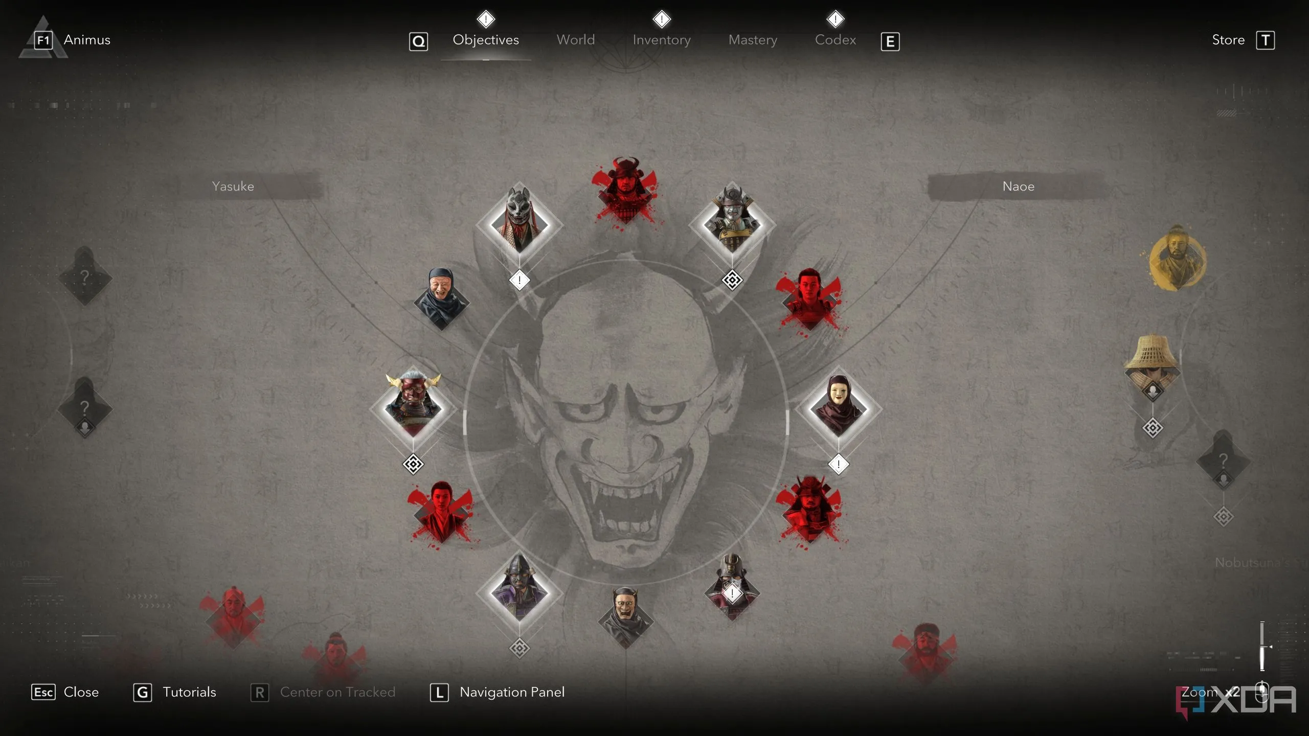 Bảng nhiệm vụ (objective board) trong Assassin's Creed Shadows, giúp người chơi theo dõi và quản lý các cốt truyện chính và phụ.