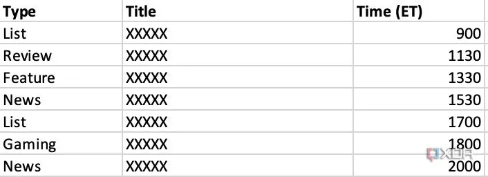 Bảng tính Excel hiển thị lịch trình xuất bản nội dung, với các cột thời gian và các bài viết hoặc video được gán vào các khung giờ cụ thể trong ngày.
