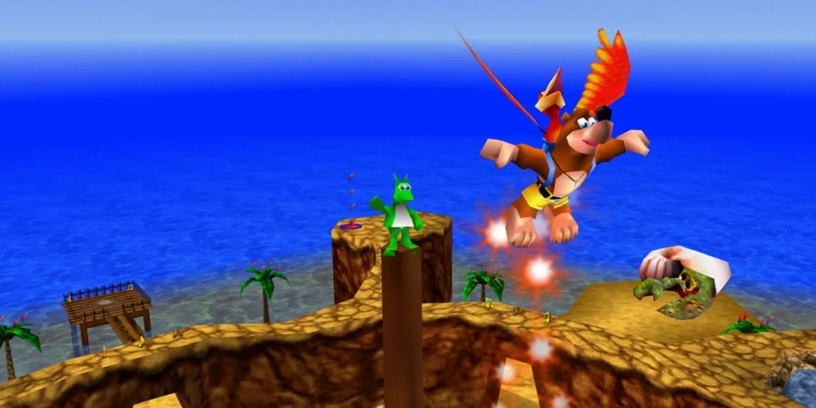 Banjo-Kazooie nhảy lên không trung để lấy một Jinjo trong game platformer 3D cổ điển