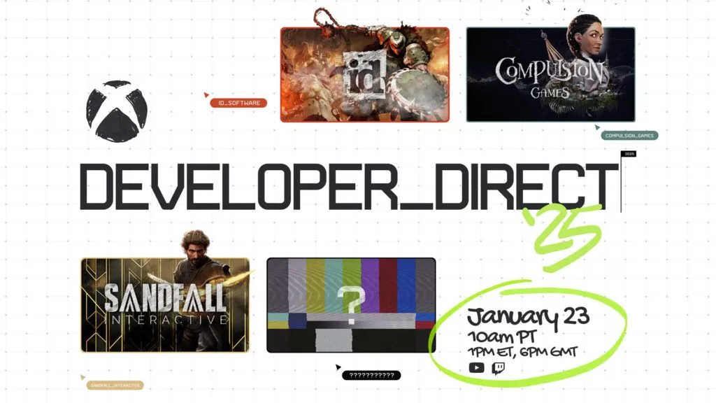 Banner sự kiện Xbox Developer_Direct 2025 hiển thị ba tựa game sắp ra mắt và ngày diễn ra sự kiện