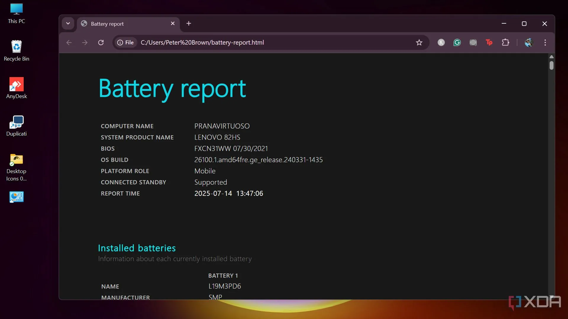 Báo cáo tình trạng pin HTML được tạo bởi công cụ Powercfg trên máy tính Windows