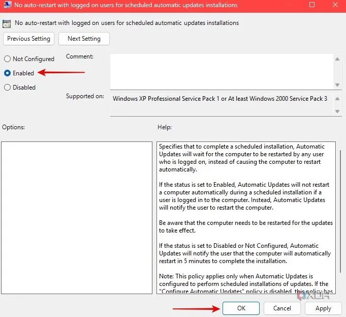 Bật chính sách không tự động khởi động lại trong Group Policy Editor để kiểm soát khởi động lại Windows