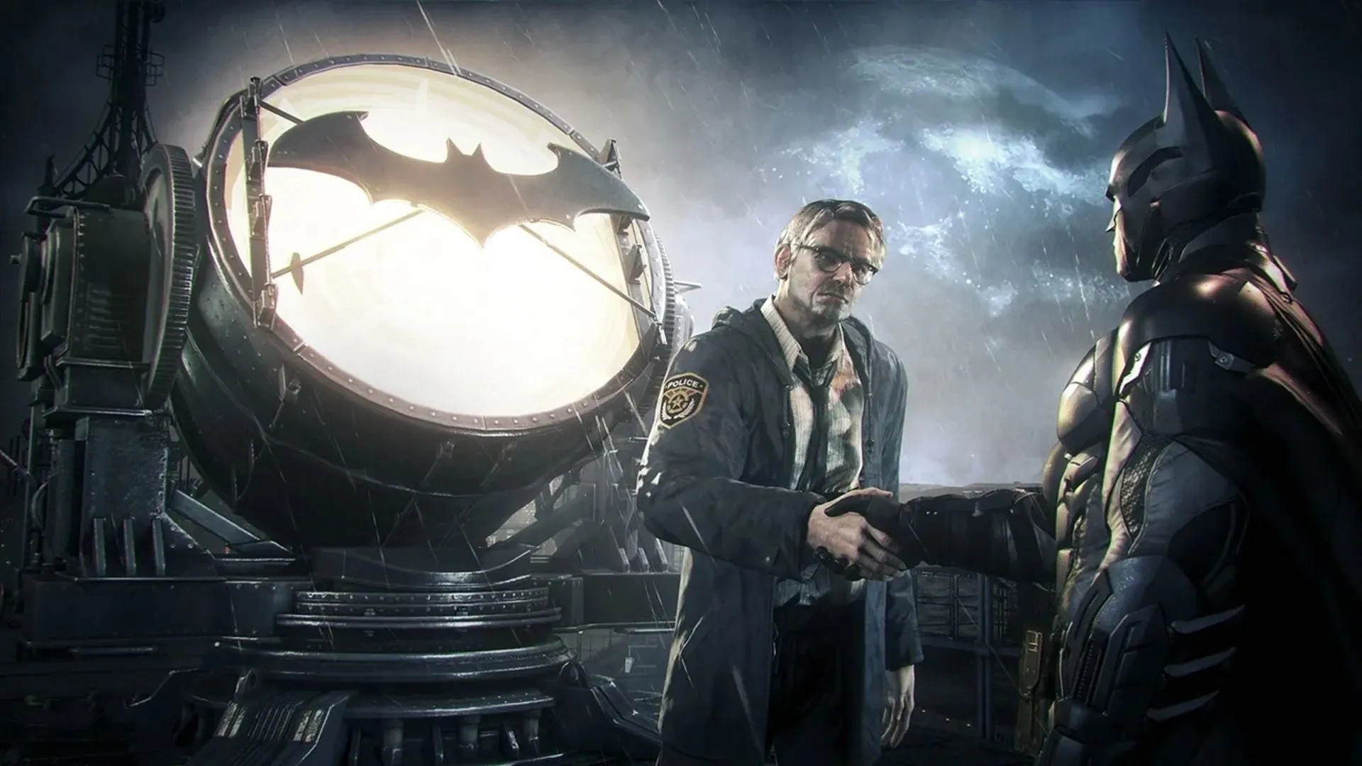 Batman trong bộ giáp đặc trưng của mình, đứng trước Batmobile với bối cảnh Gotham City u tối, nổi bật đồ họa ấn tượng của Arkham Knight
