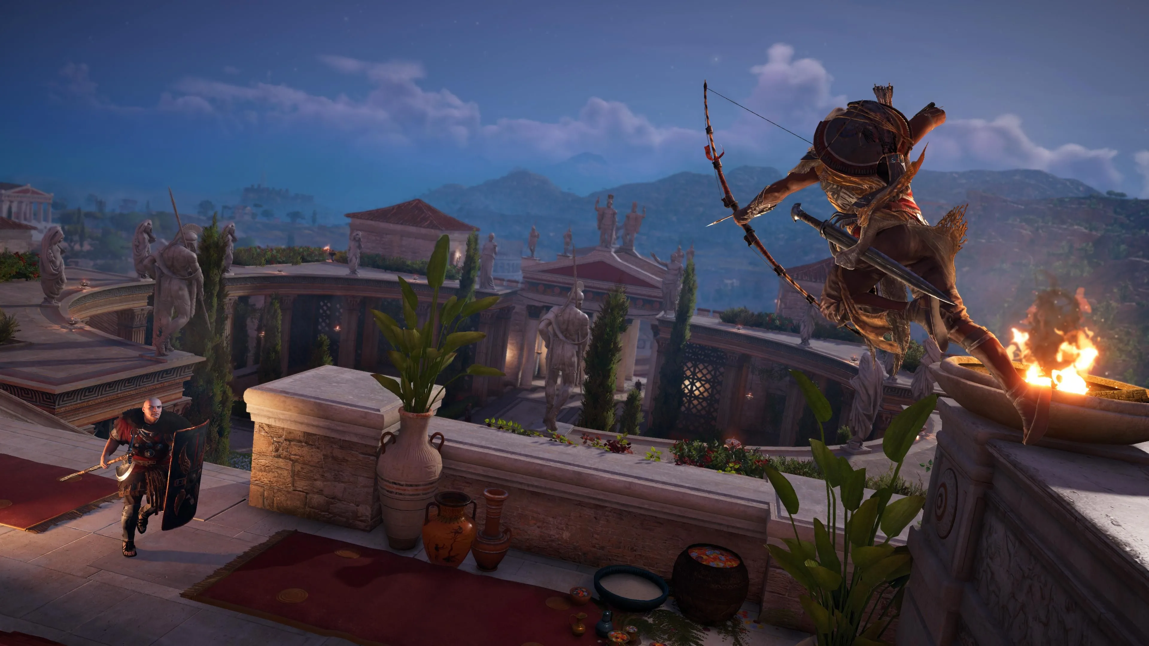 Bayek thực hiện cú nhảy thần thánh và ngắm bắn cung tên trong Assassin's Creed Origins