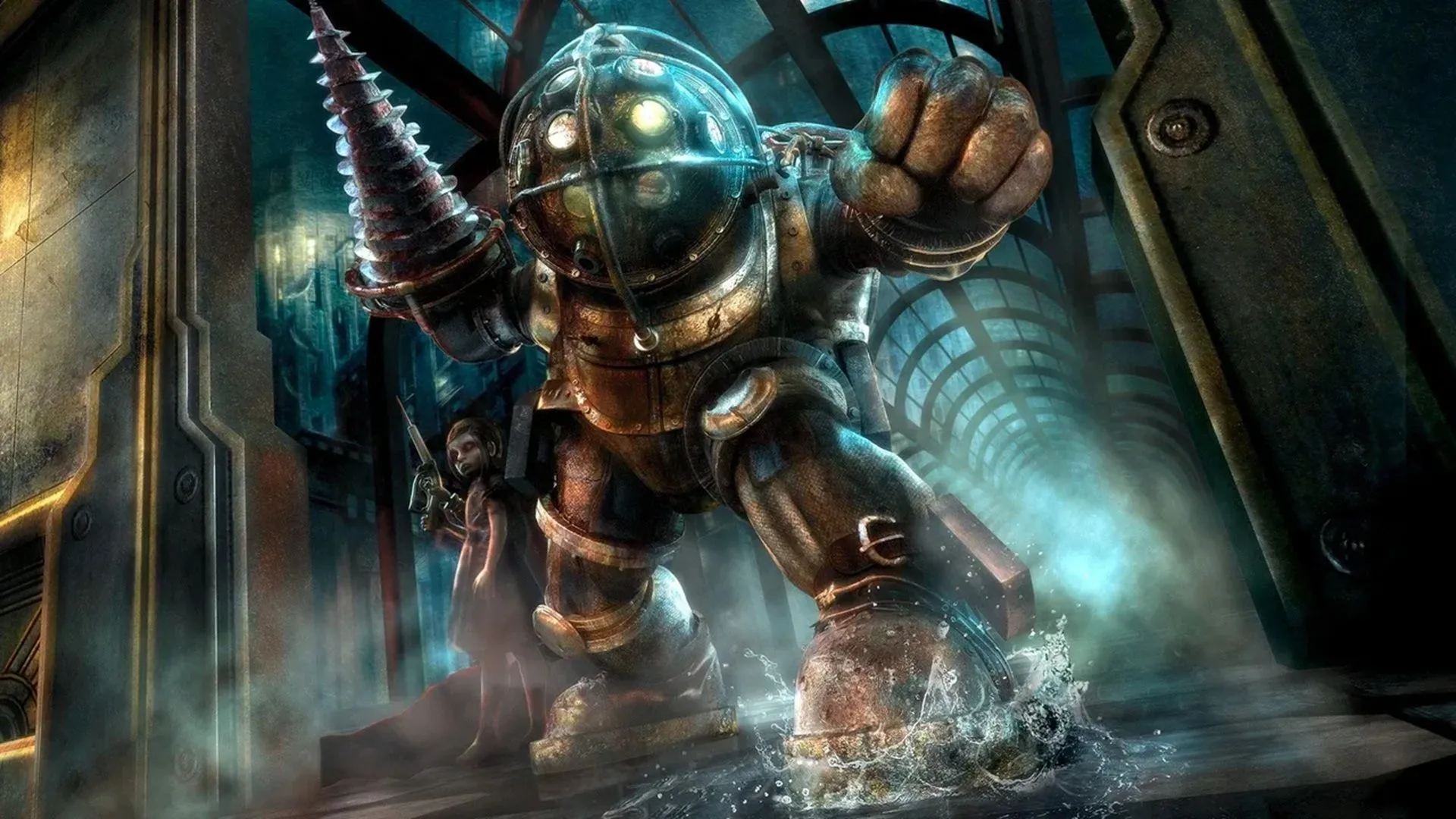 Bìa đĩa game BioShock trên Xbox 360, giới thiệu biểu tượng Big Daddy và Little Sister trước bối cảnh thành phố Rapture